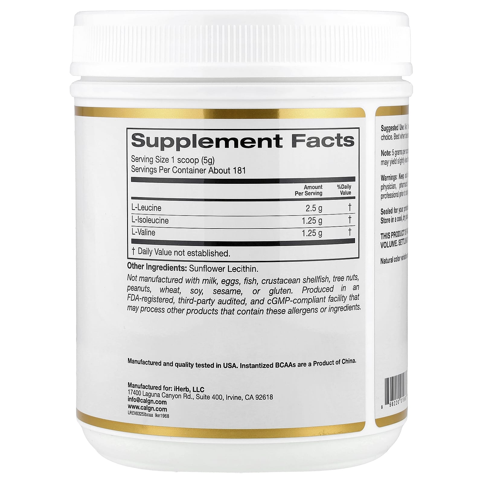 California Gold Nutrition, Instantized BCAA Powder with L-Leucine, L-Isoleucine, and L-Valine, Unflavored, 2 lb (907 g)