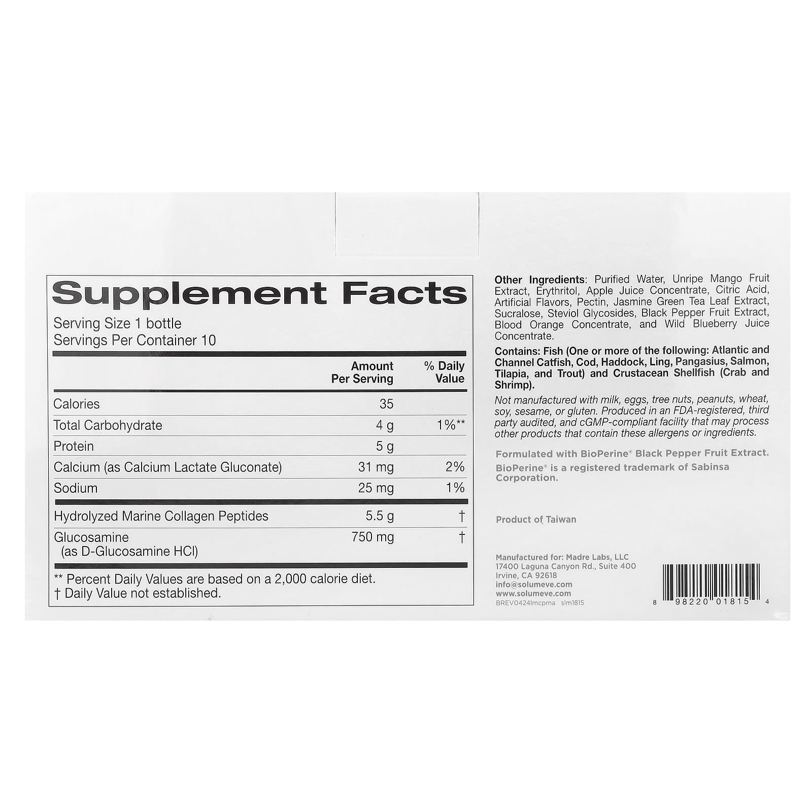 Solumeve, Liquid Marine Collagen Peptides, Mango Apple, 10 Bottles, 1.69 fl oz (50 ml) Each