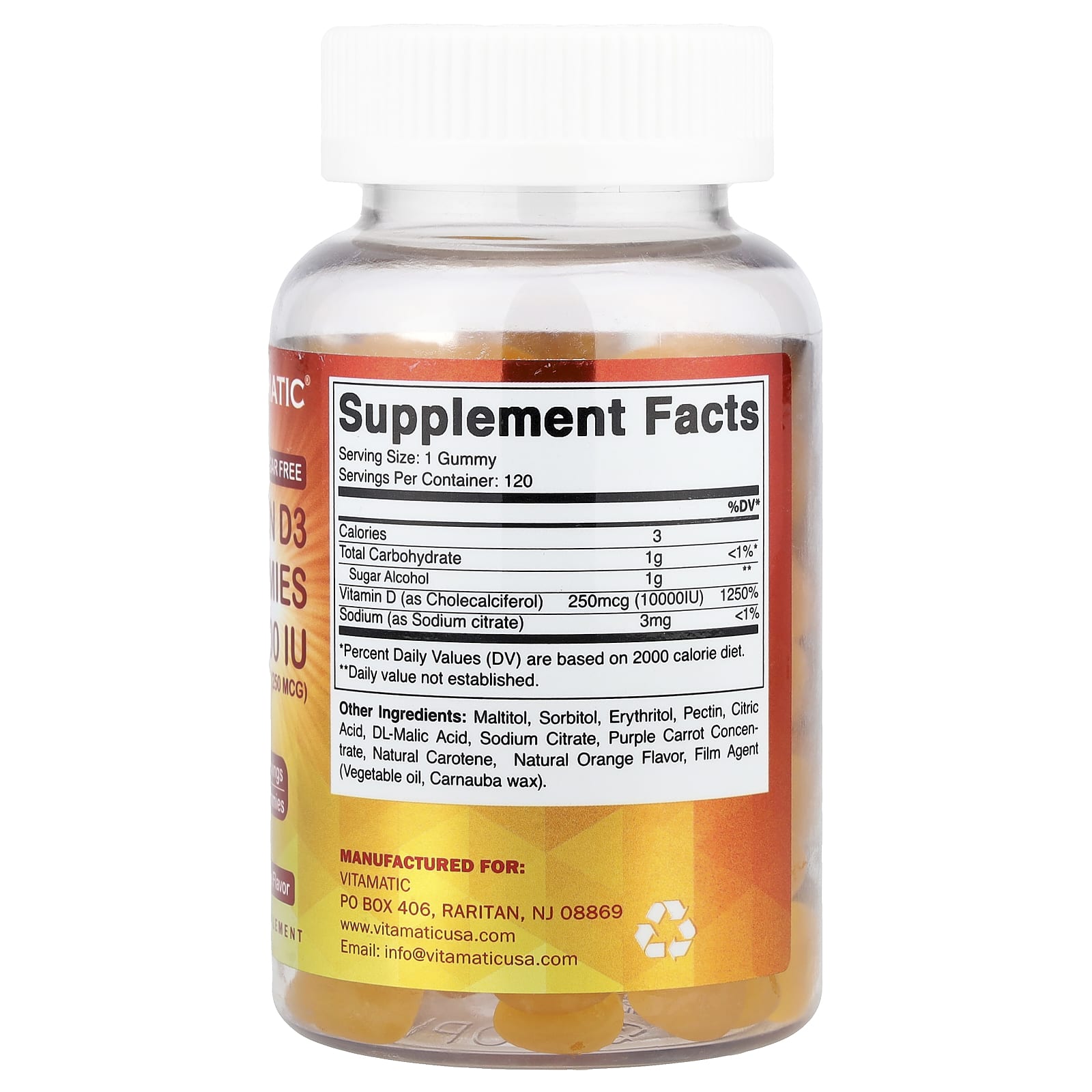 Vitamatic, Vitamin D3 Gummies, Natural Orange, 250 mcg (10,000 IU), 120 Gummies
