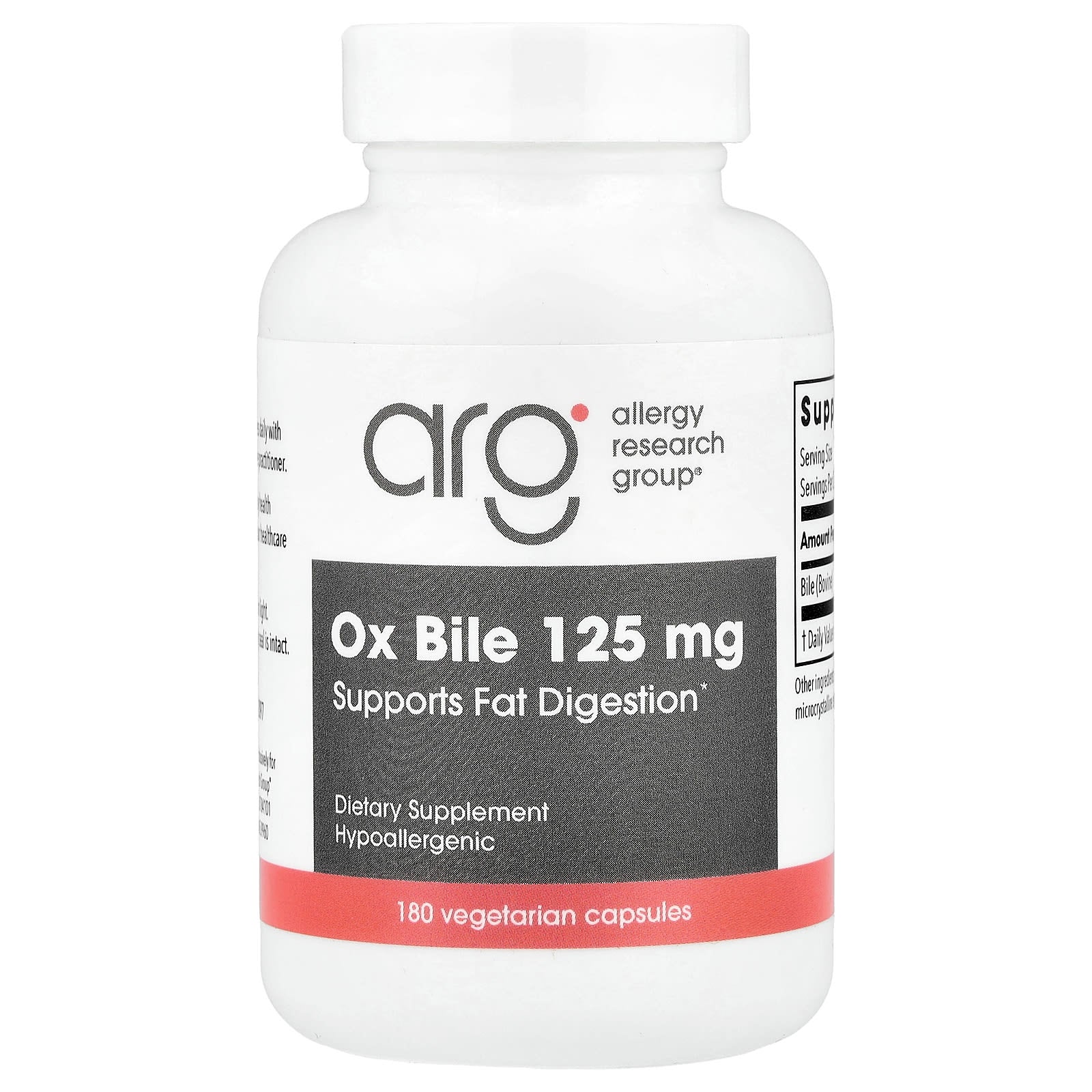 Allergy Research Group, Ox Bile, 125 mg, 180 Vegetarian Capsules