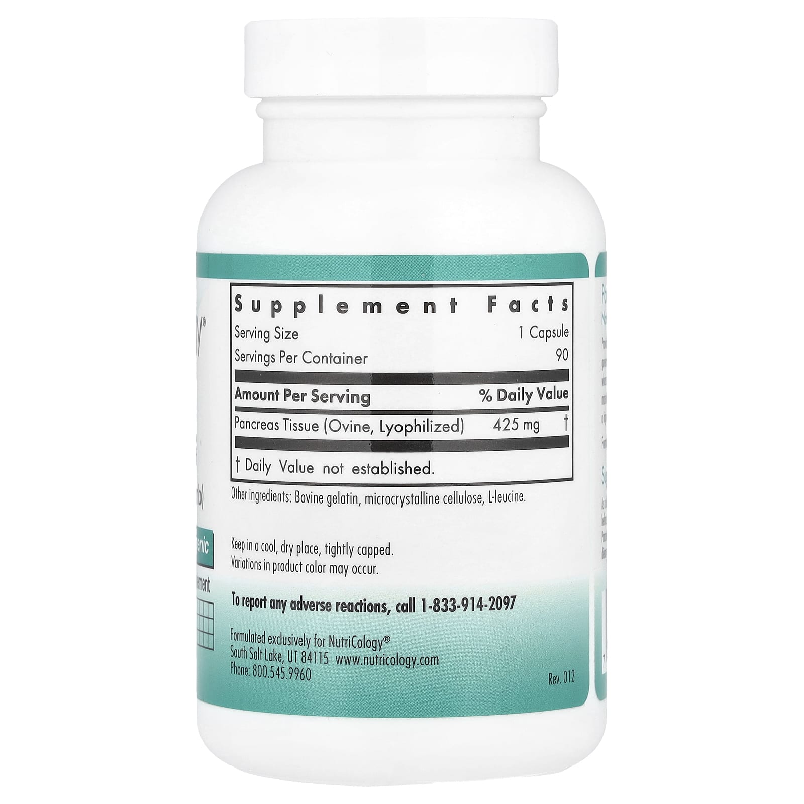 Nutricology, Pancreas, Natural Glandular (Lamb), 425 mg, 90 Capsules