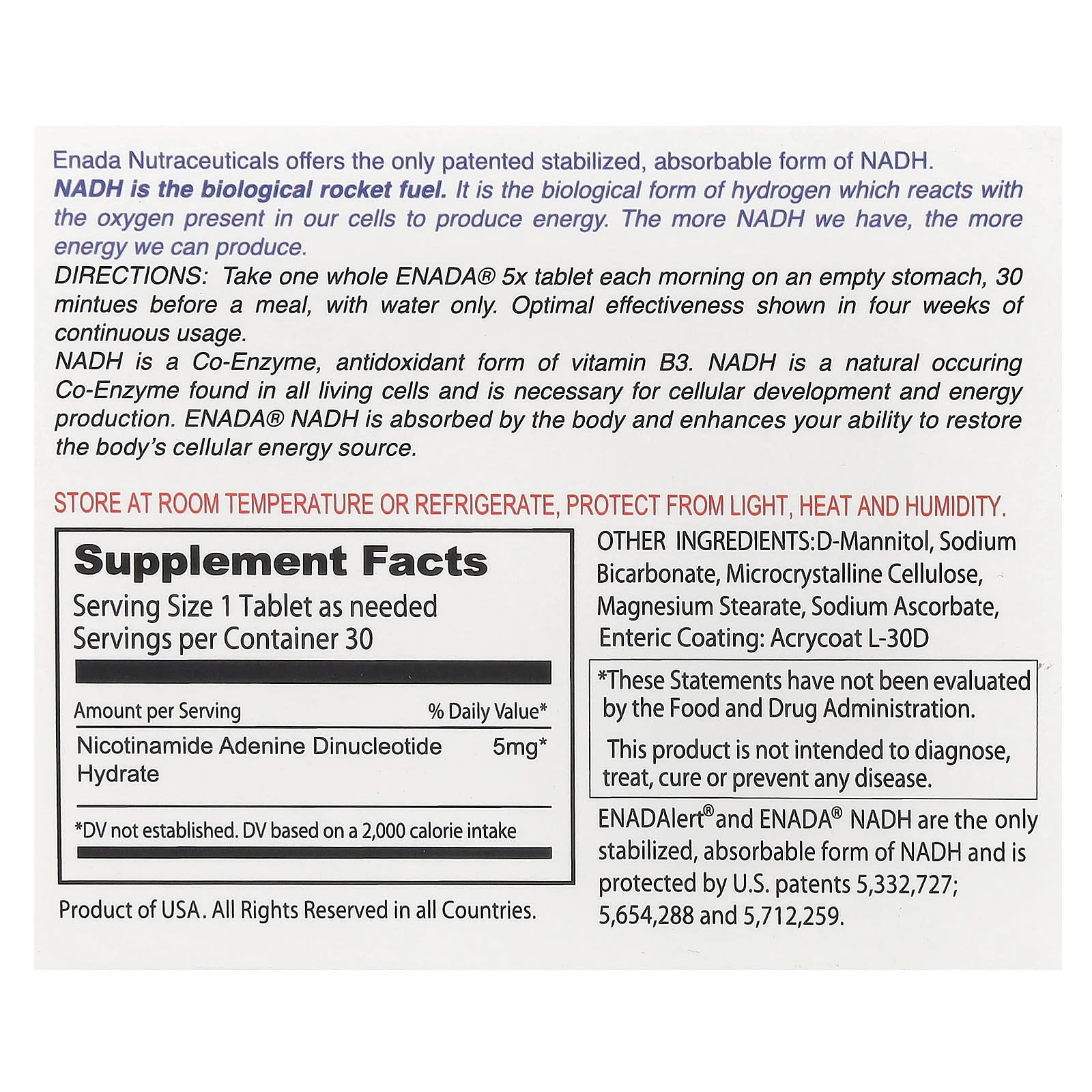 ENADA, NADH 5x, 5 mg, 30 Tablets