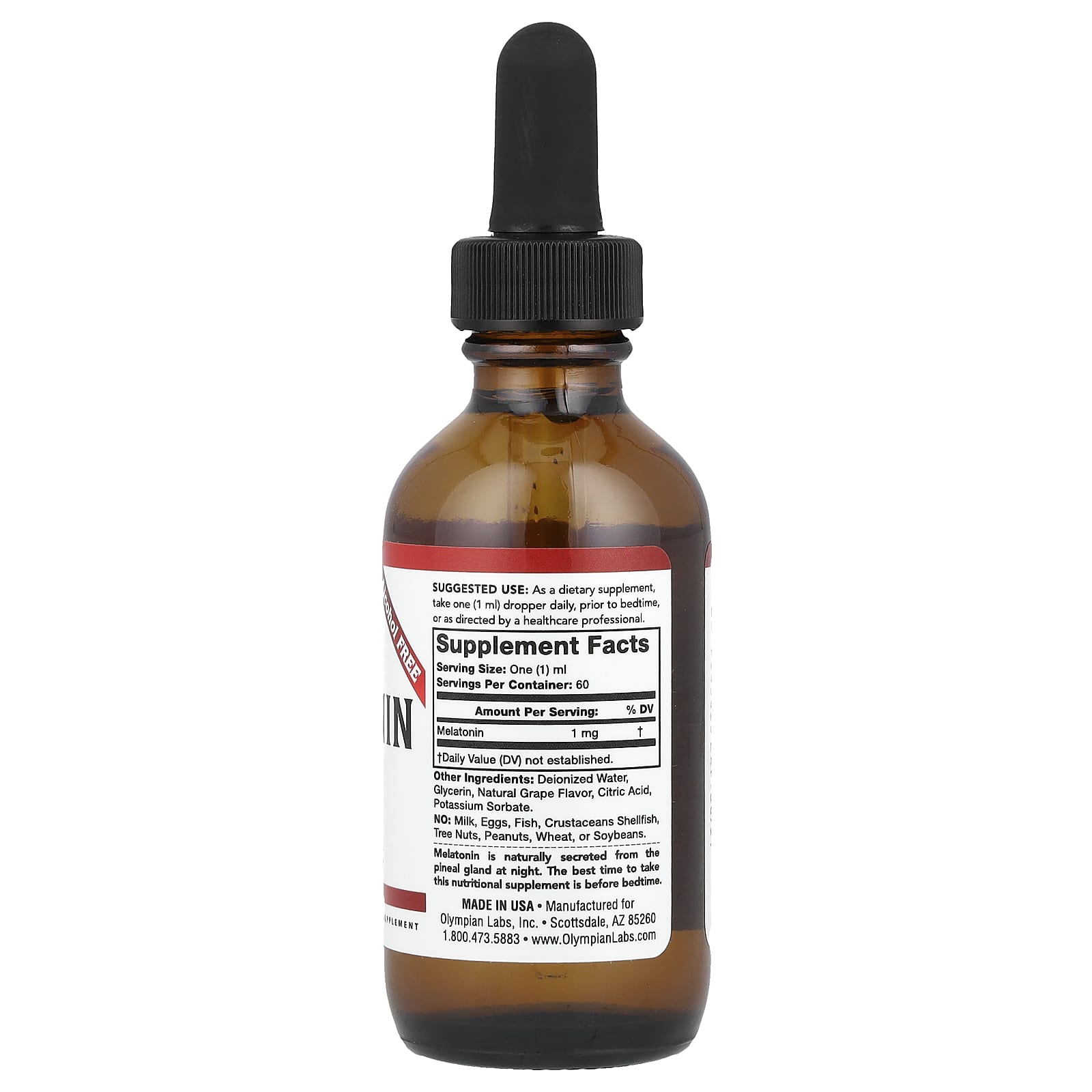 Olympian Labs, Melatonin, Alcohol Free, Grape, 1 mg, 2 oz (60 ml)