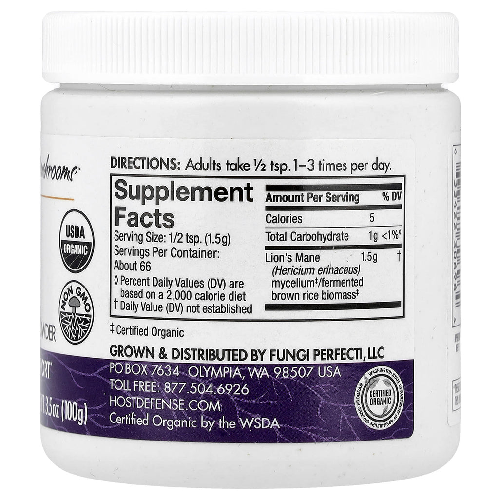 Host Defense, Host Defense® Mushrooms™, Lion's Mane, Mushroom Mycelium Powder, 3.5 oz (100 g)