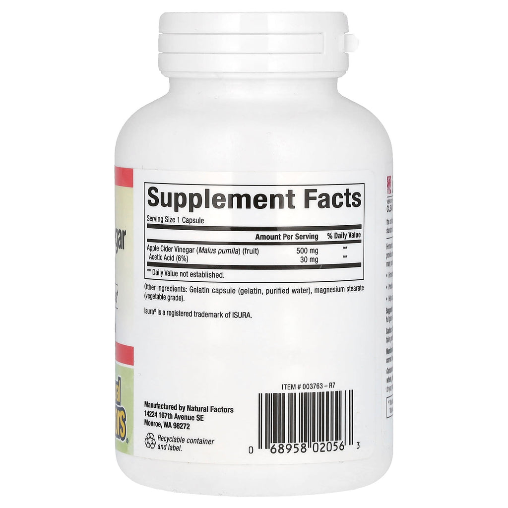 Natural Factors, Fermented Apple Cider Vinegar, 500 mg, 180 Easy to Swallow Capsules