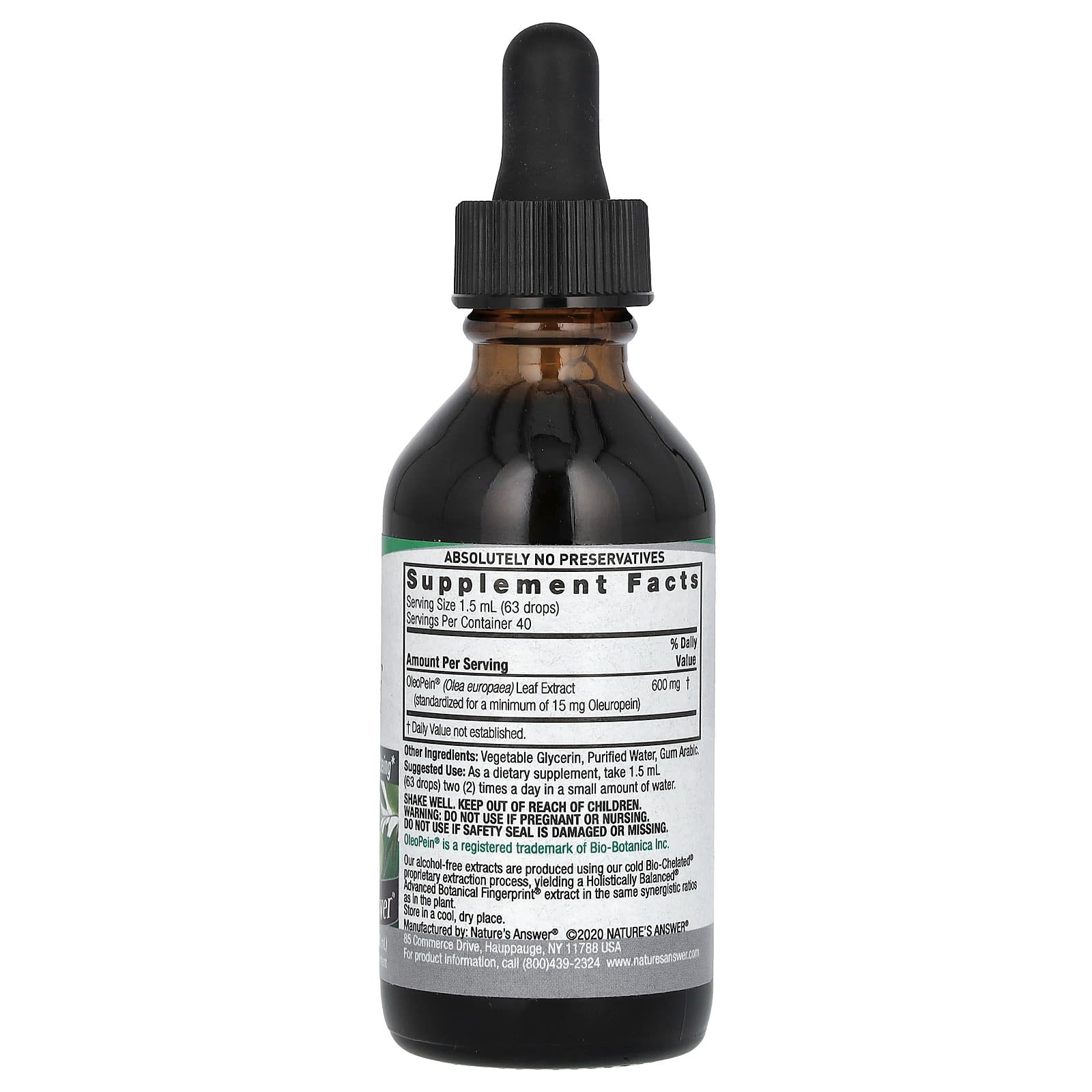 Nature's Answer, Olive Leaf Extract, Standardized, Alcohol-Free, 600 mg, 2 fl oz (60 ml)