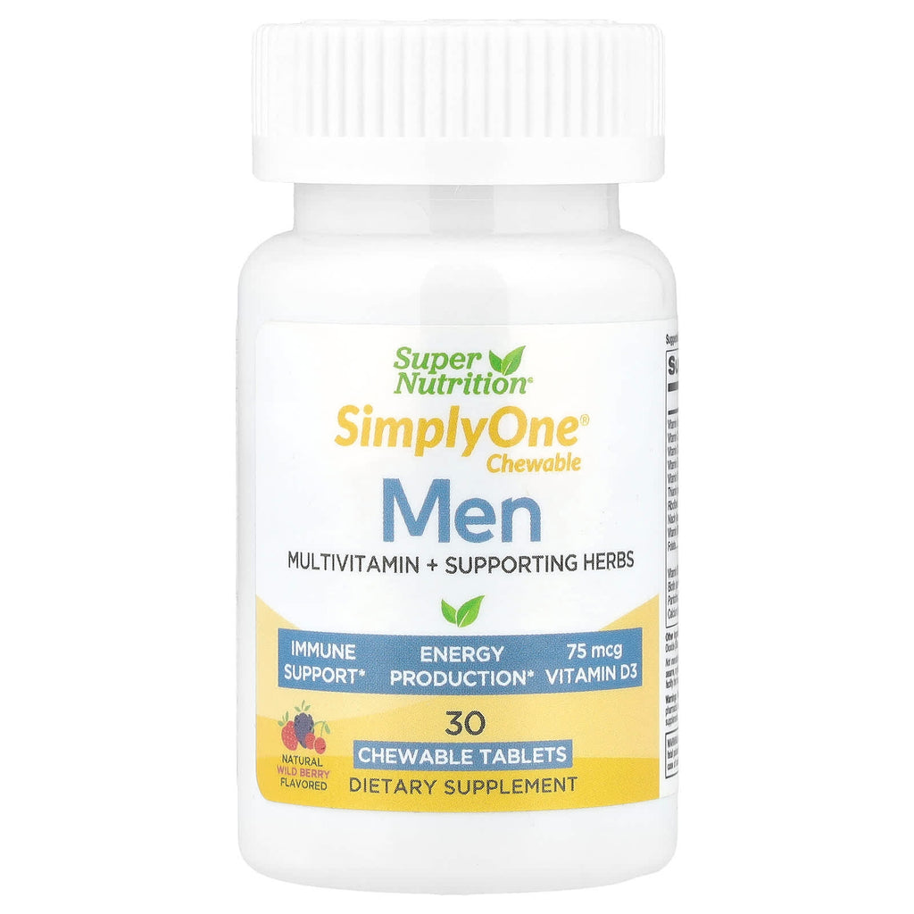Super Nutrition, SimplyOne®, Men’s Multivitamin + Supporting Herbs with Vitamin A, Vitamin C, Organic Whole Food and Botanical Blend, Wild-Berry, 30 Chewable Tablets