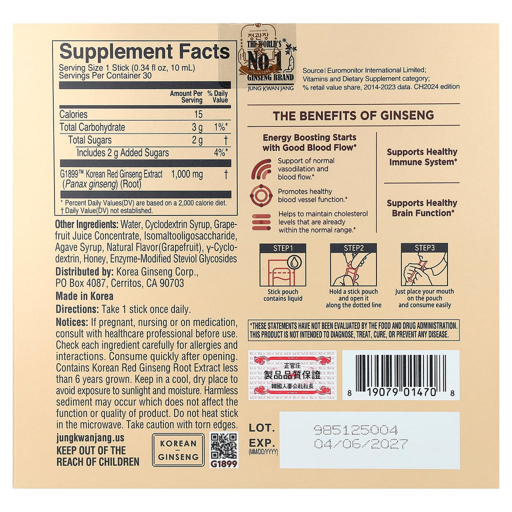 JungKwanJang, Korean Red Ginseng Extract, Everytime, Grapefruit, 30 Liquid Sticks, 0.34 fl oz (10 ml) Each