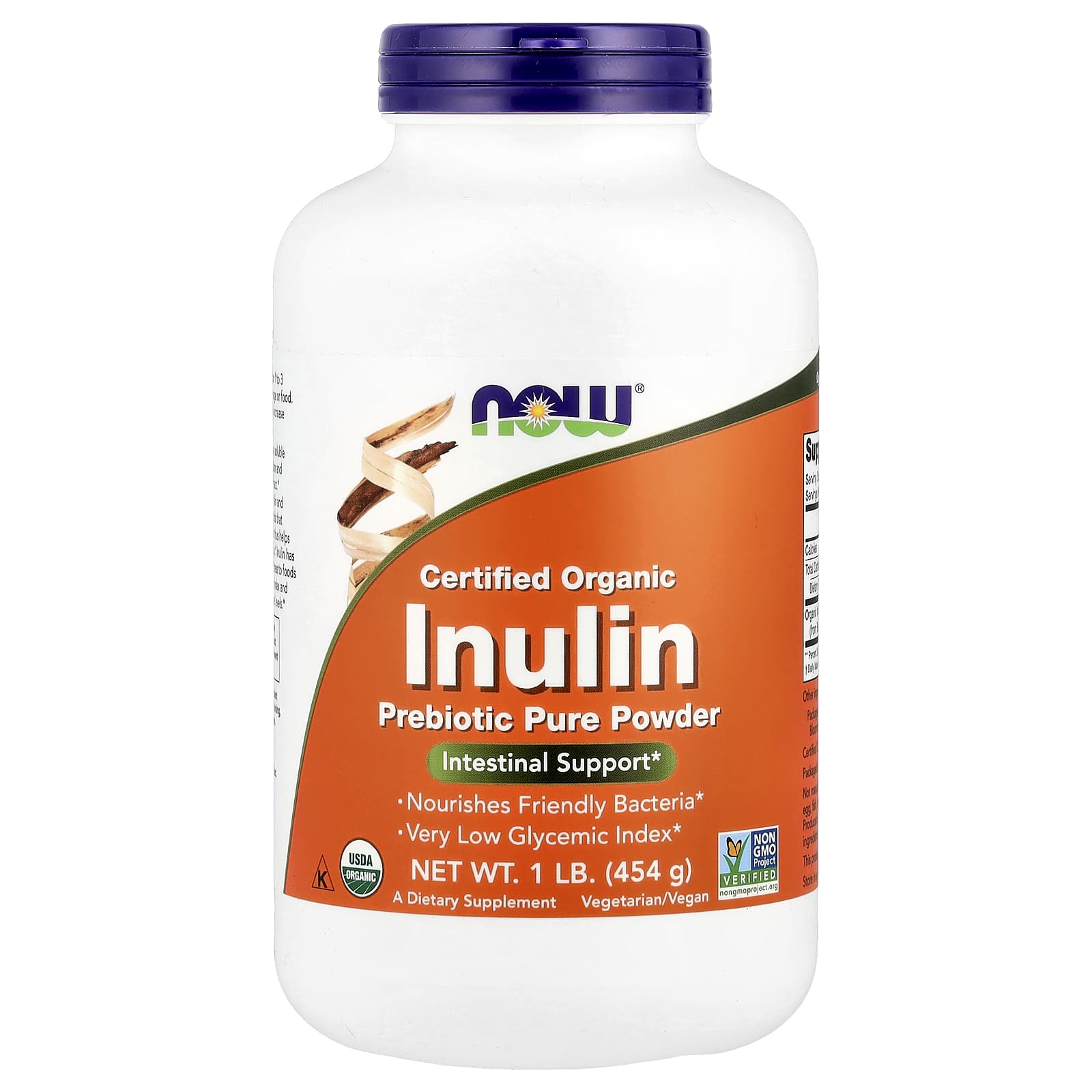 NOW Foods, Certified Organic Inulin, Prebiotic Pure Powder, 1 lb (454 g)