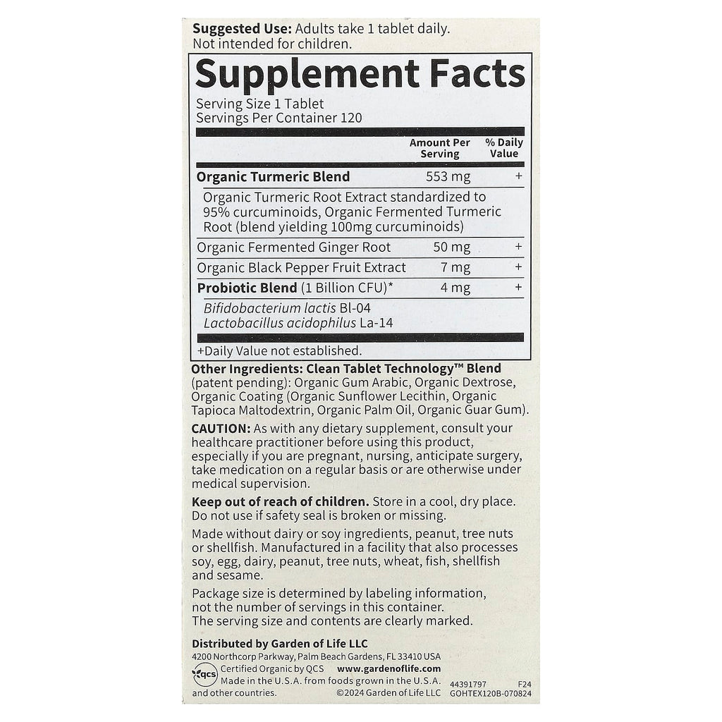 Garden of Life, Organics, Turmeric, Inflammatory Response, 120 Vegan Tablets