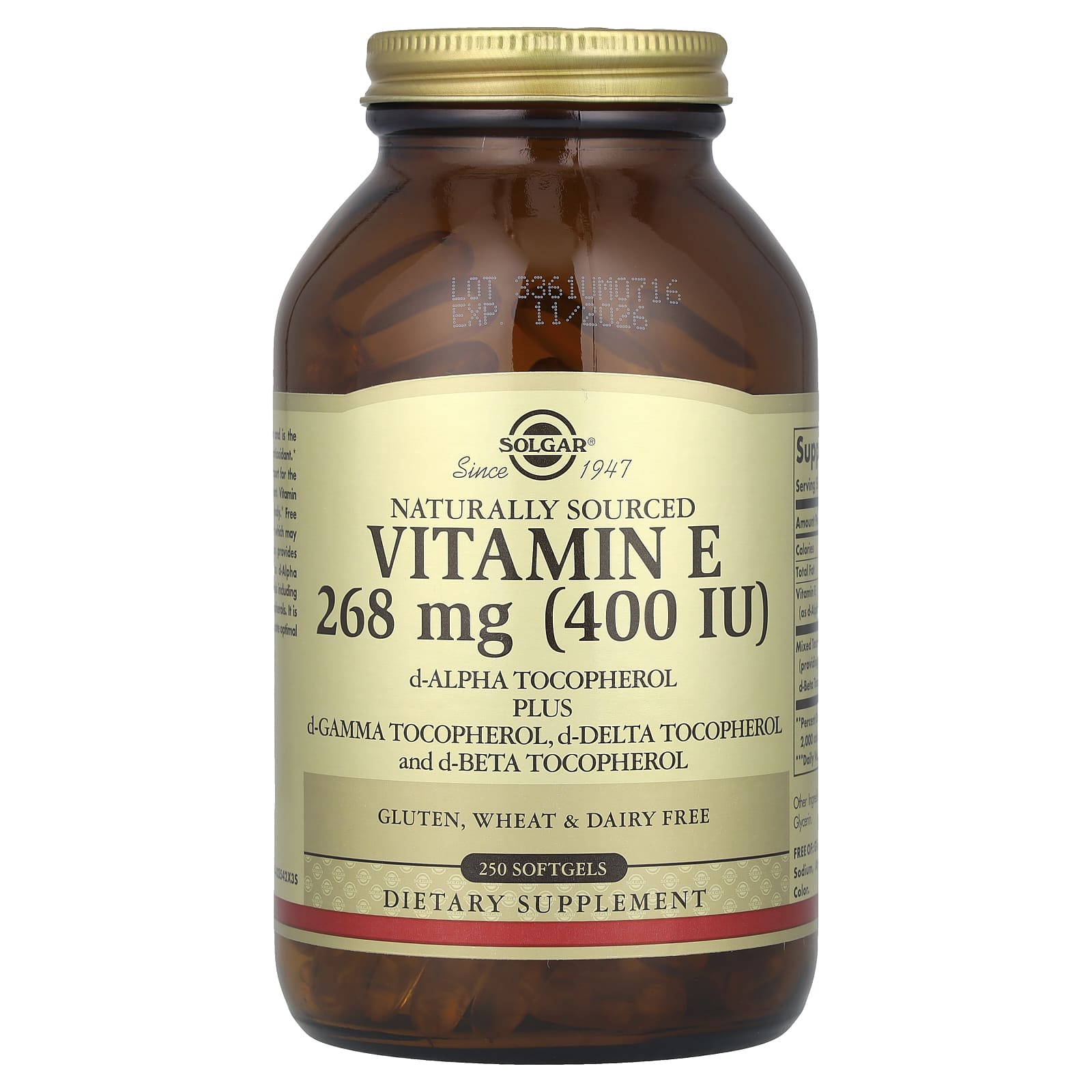 Solgar, Vitamin E, d-Alpha Tocopherol Plus d-Gamma Tocopherol, d-Delta Tocopherol and d-Beta Tocopherol, 250 Softgels