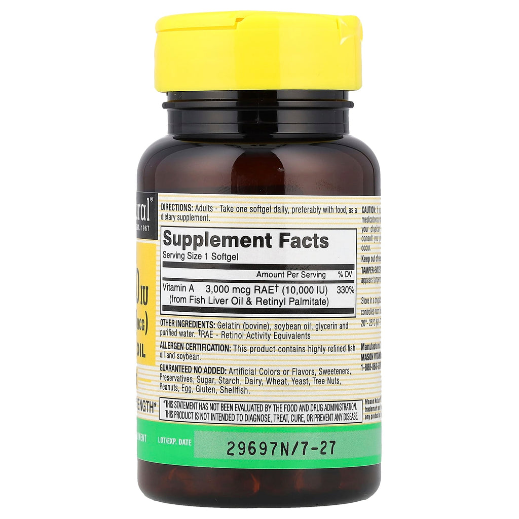 Mason Natural, Vitamin A from Fish Liver Oil, 3,000 mcg (10,000 IU), 100 Softgels