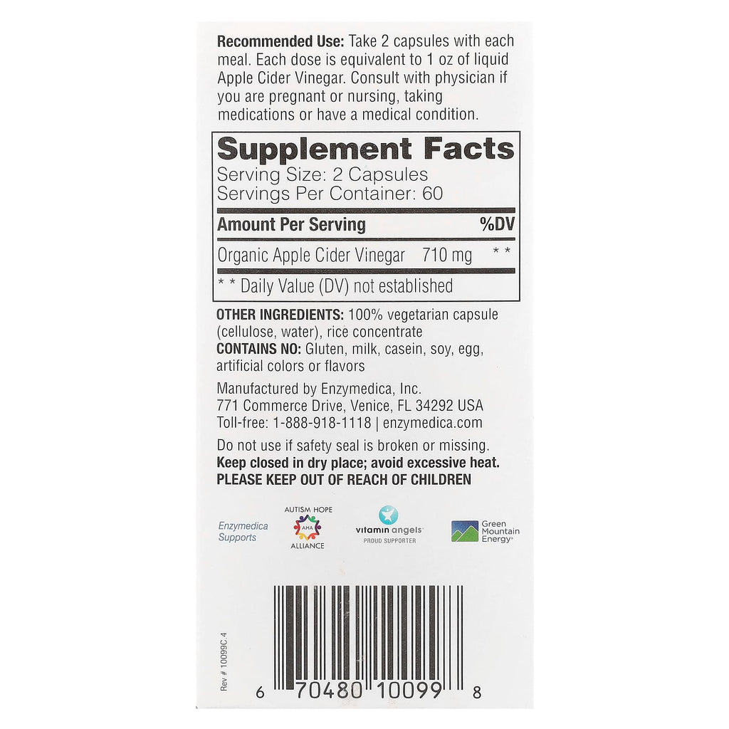 Enzymedica, Apple Cider Vinegar with the Mother, 120 Capsules (355 mg per Capsule)