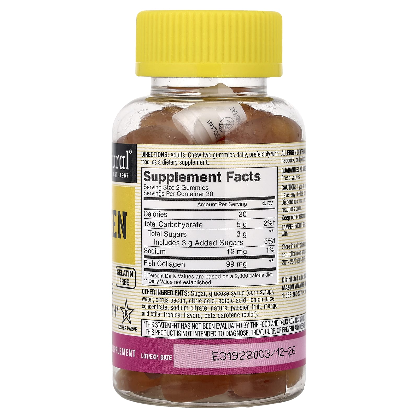 Mason Natural, Collagen Gummies, Tropical Fruit, 60 Gummies (49.5 mg per Gummy)