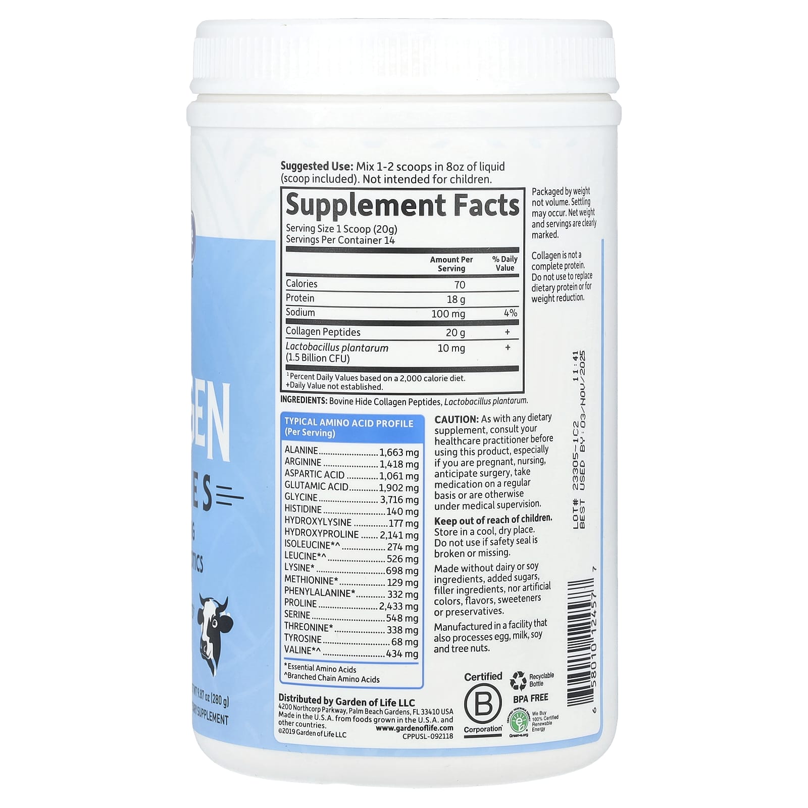 Garden of Life, Grass Fed Collagen Peptides, Unflavored, 9.87 oz (280 g)