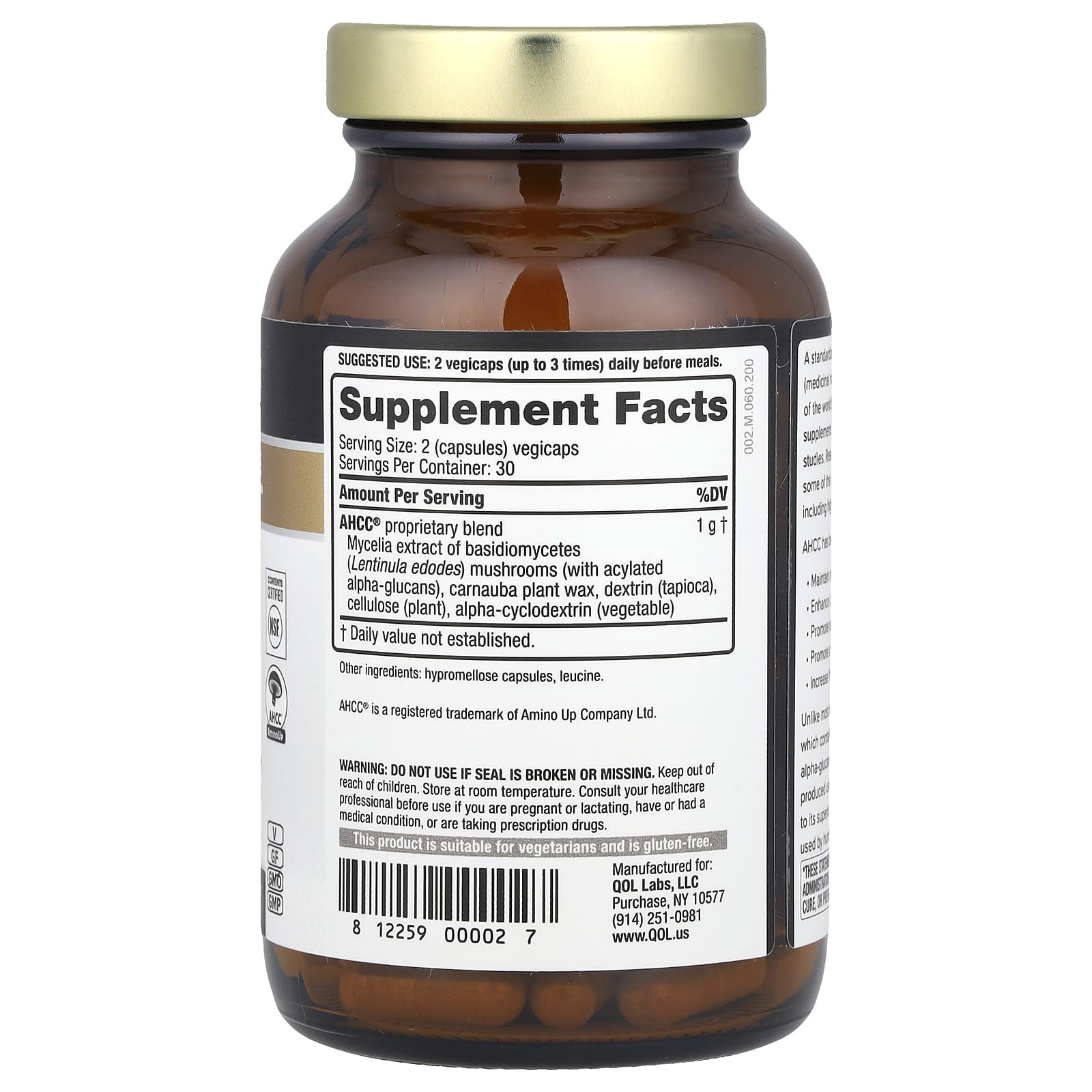 Quality of Life, Kinoko® Gold AHCC®, 500 mg, 60 Vegicaps