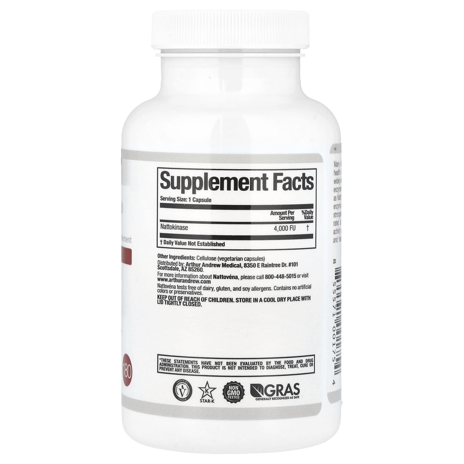Arthur Andrew Medical, Nattovéna®, Pure Nattokinase, 4,000 FUs, 180 Capsules