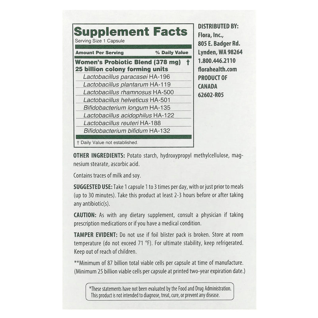 Flora, Women's Care Probiotic, 87 Billion CFU, 30 Vegetarian Capsules