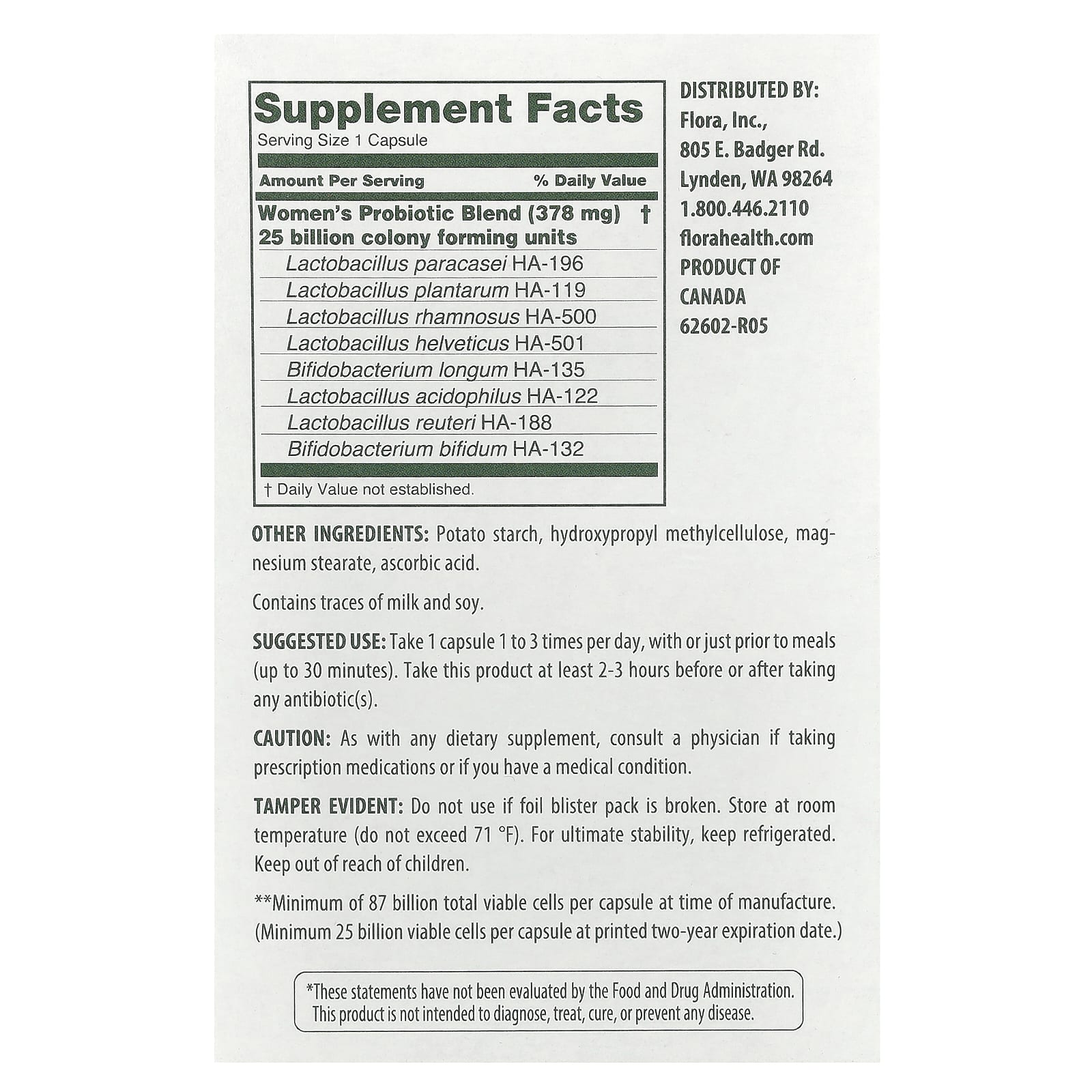 Flora, Women's Care Probiotic, 87 Billion CFU, 30 Vegetarian Capsules