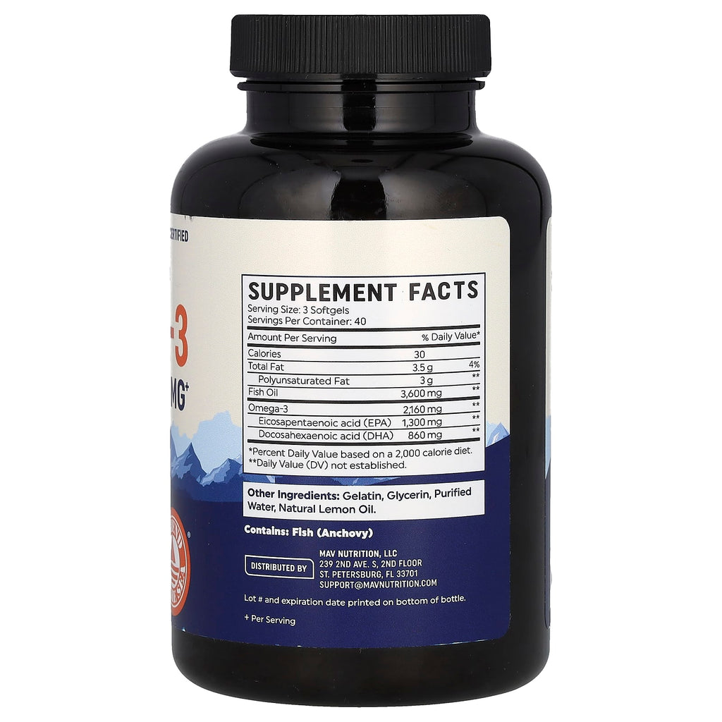 MAV Nutrition, Omega-3 Fish Oil, Triple Strength, Natural Lemon, 120 Softgels