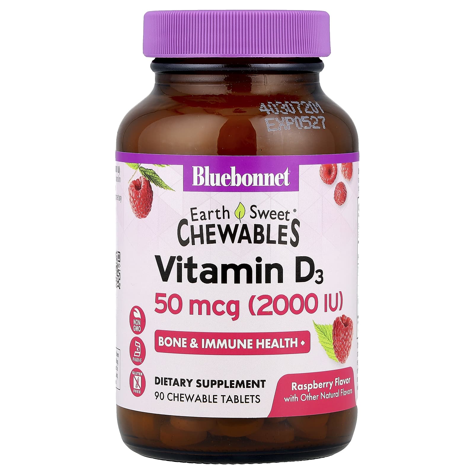 Bluebonnet Nutrition, EarthSweet® Chewables, Vitamin D3, Raspberry, 50 mcg (2,000 IU), 90 Chewable Tablets