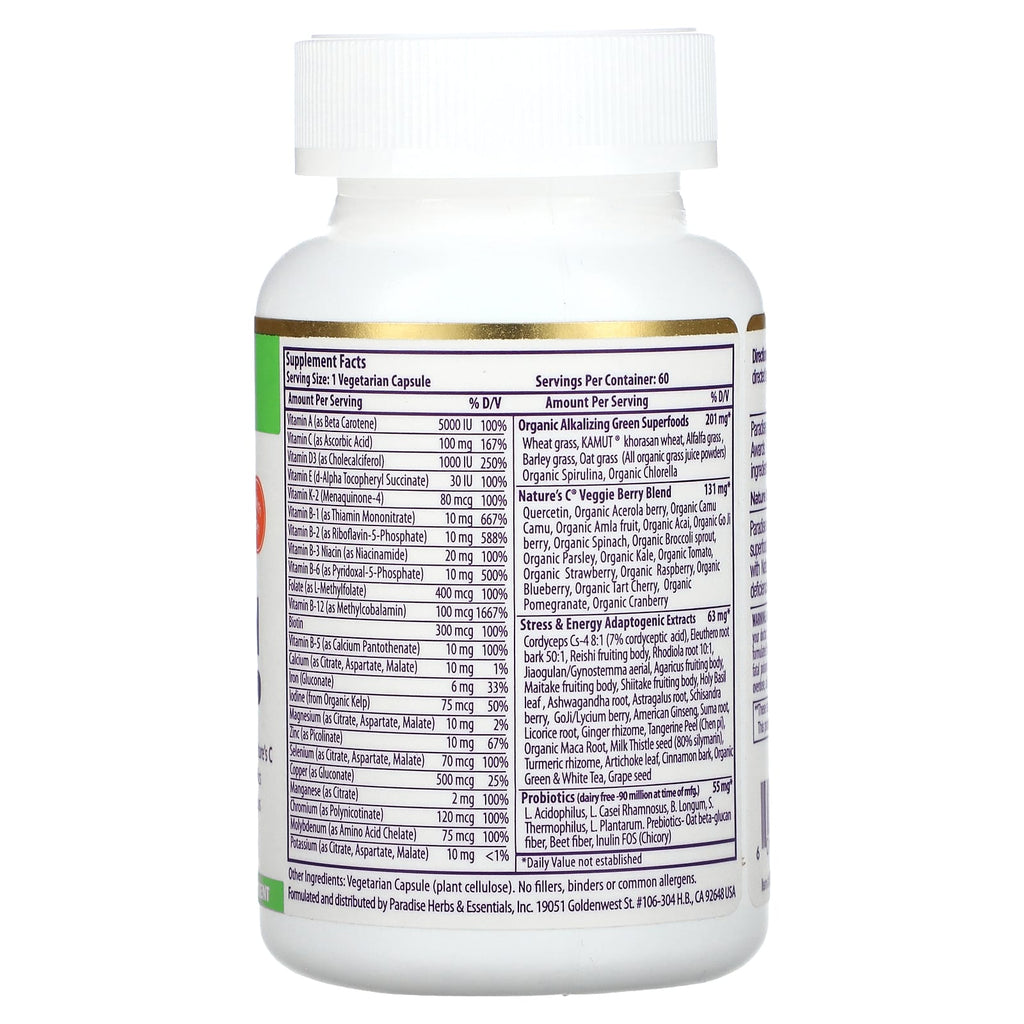 Paradise Herbs, Earth's Blend, One Daily Superfood Multi-Vitamin with Iron, 60 Vegetarian Capsules