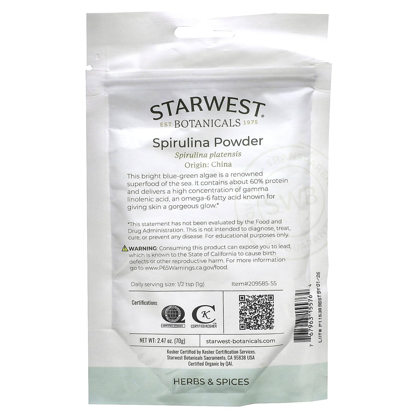 Starwest Botanicals, Organic Spirulina Powder, 2.47 oz (70 g)