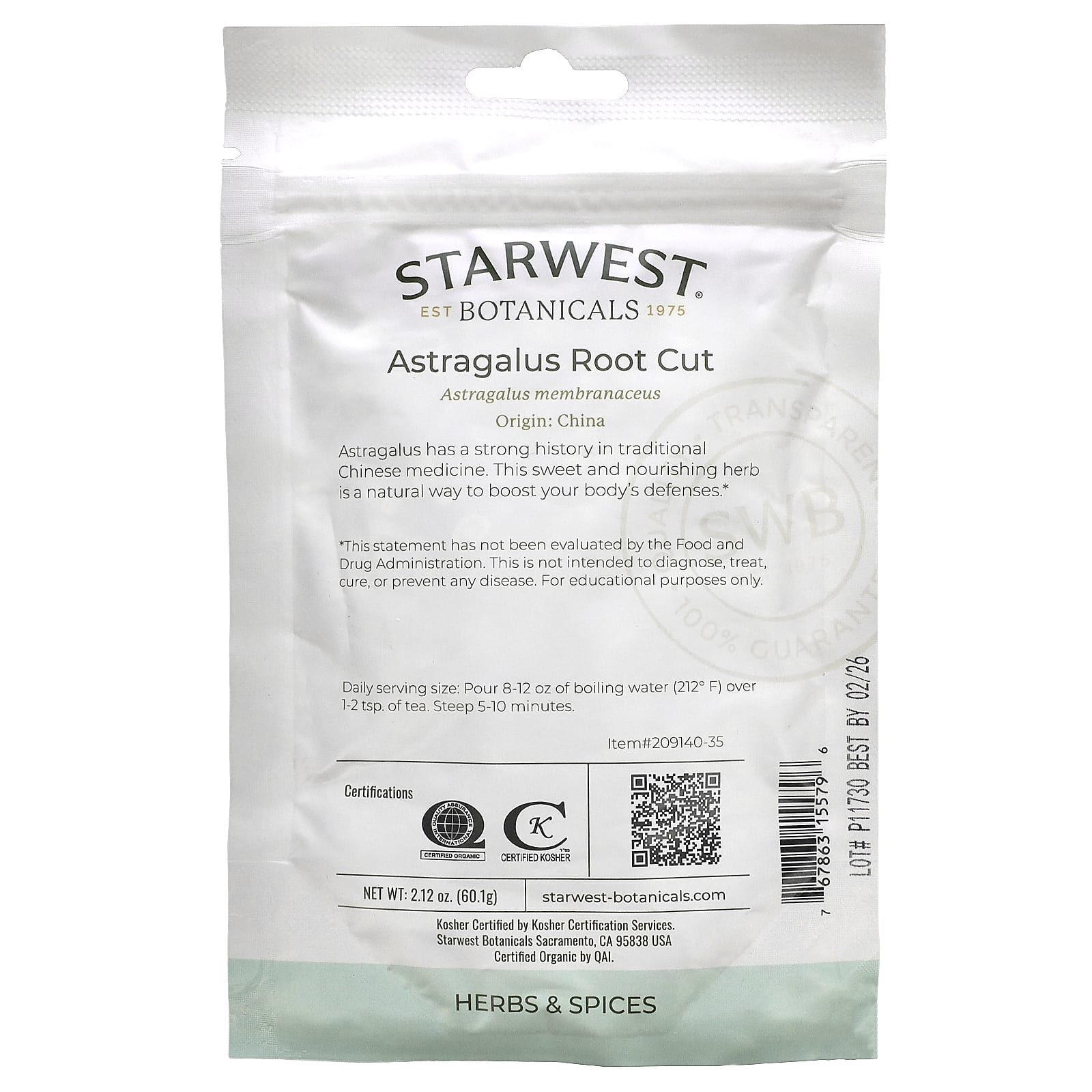 Starwest Botanicals, Organic Astragalus Root Cut, 2.12 oz (60.1 g)