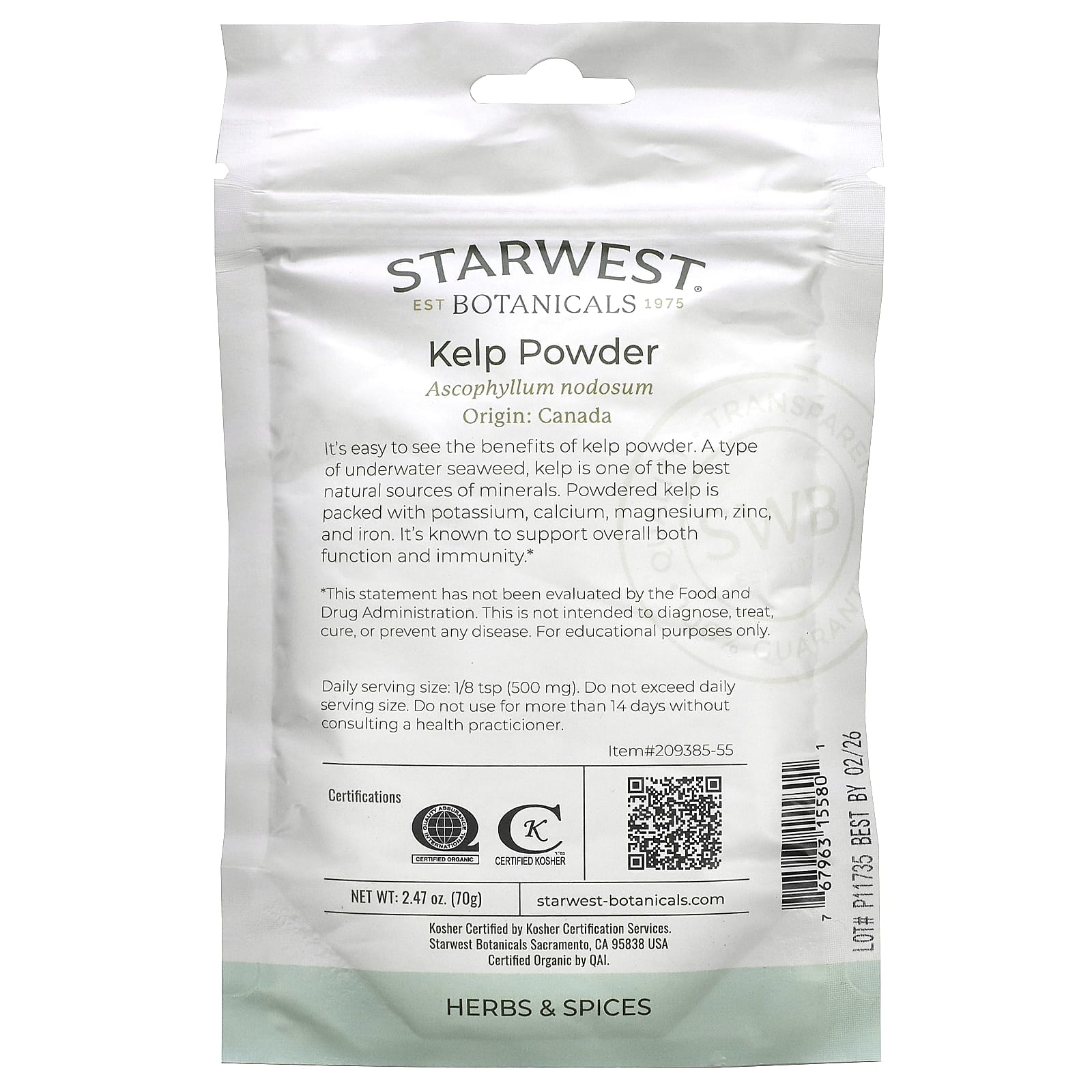 Starwest Botanicals, Organic Kelp Powder, 2.47 oz (70 g) 