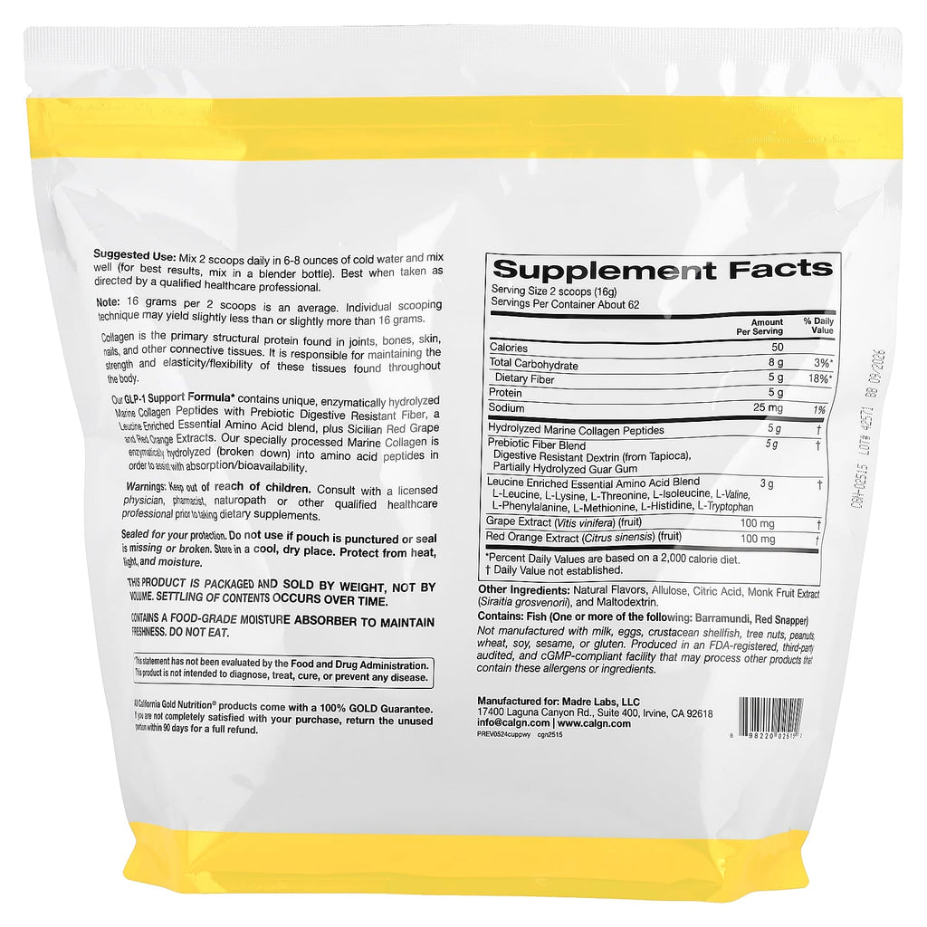 California Gold Nutrition, GLP-1 Support Formula with Hydrolyzed Marine Collagen Peptides, Prebiotic Digestive Resistant Fiber Blend and Leucine Enriched Essential Amino Acids Blend, Watermelon Yuzu, 2.2 lb (1 kg)