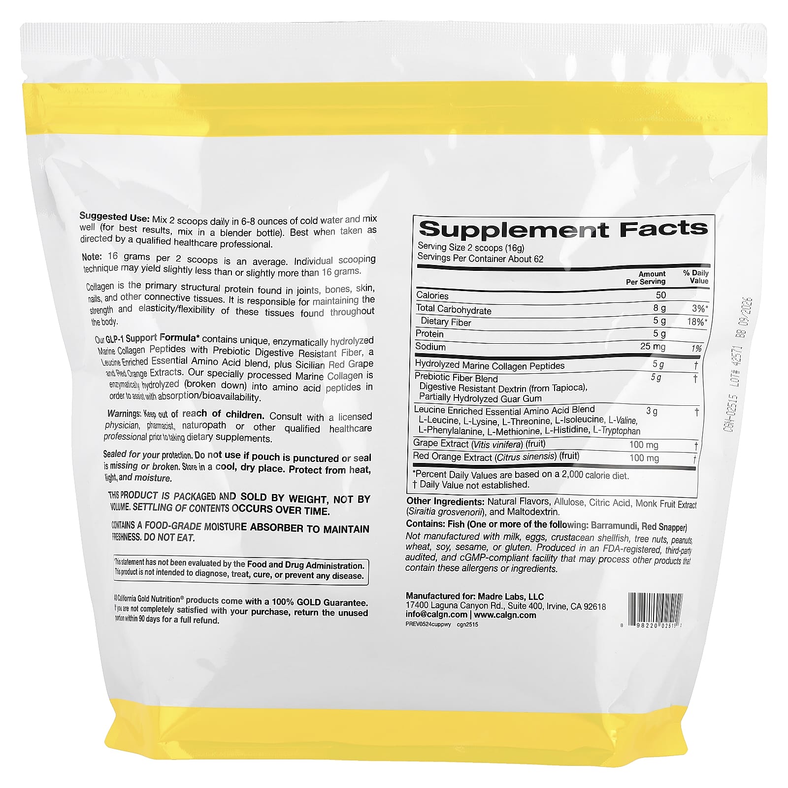 California Gold Nutrition, GLP-1 Support Formula with Hydrolyzed Marine Collagen Peptides, Prebiotic Digestive Resistant Fiber Blend and Leucine Enriched Essential Amino Acids Blend, Watermelon Yuzu, 2.2 lb (1 kg)
