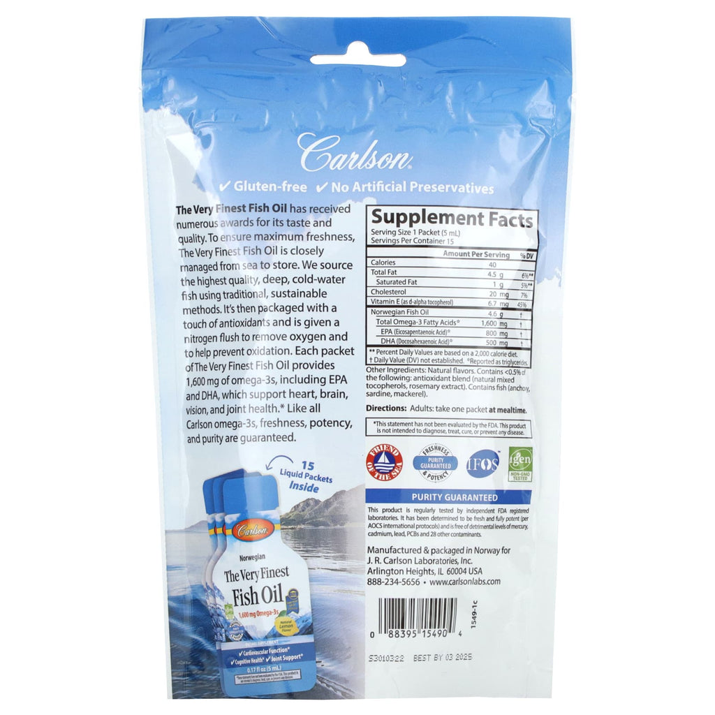 Carlson, Norwegian, The Very Finest Fish Oil, Natural Lemon, 15 Packets, (5 ml) Each