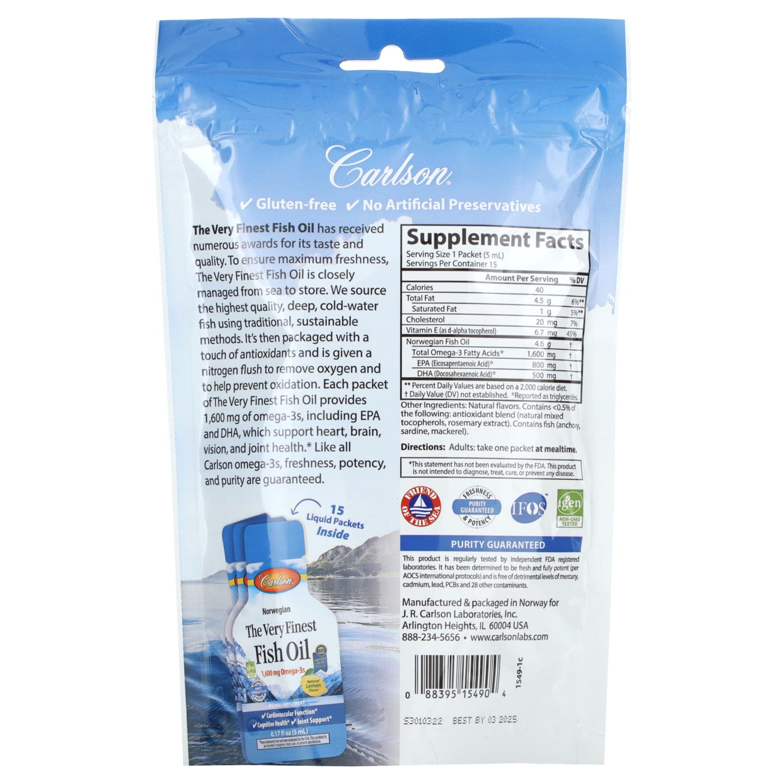 Carlson, Norwegian, The Very Finest Fish Oil, Natural Lemon, 15 Packets, (5 ml) Each