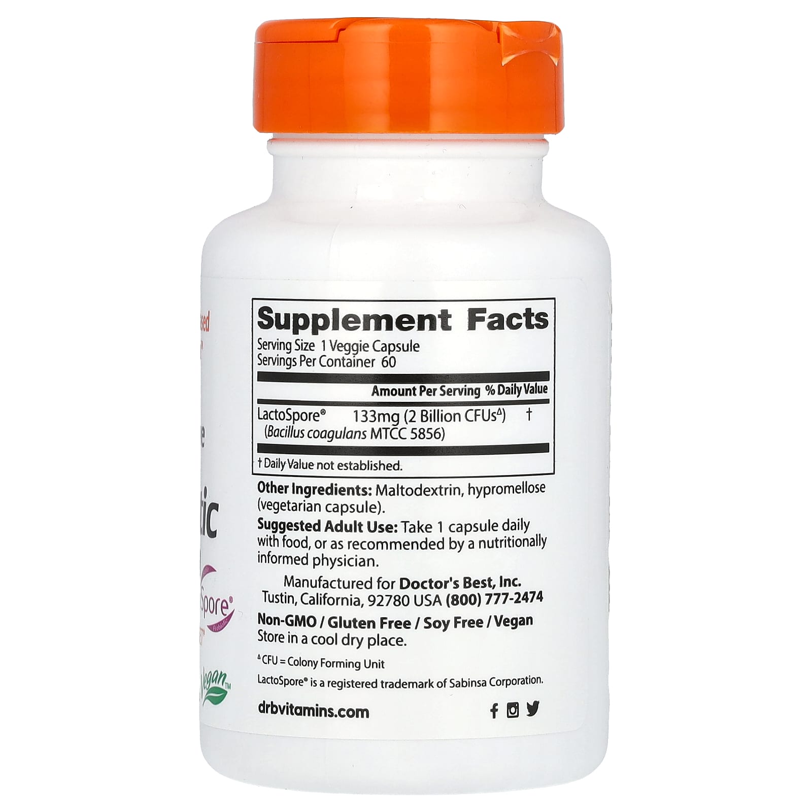 Doctor's Best, Digestive Health, Probiotic 2 Billion with LactoSpore, 2 Billion, 60 Veggie Caps