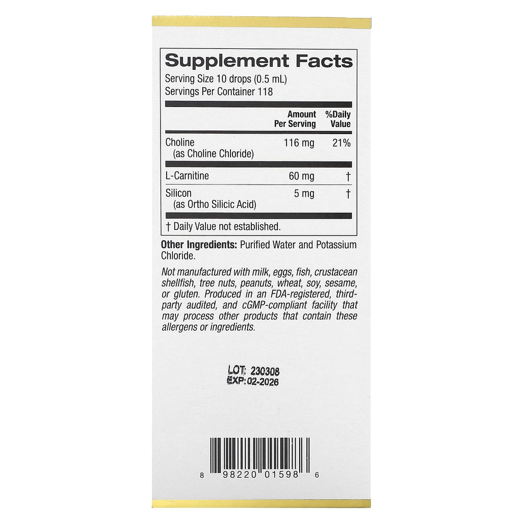 California Gold Nutrition, Choline Silica Complex, Bioavailable & Stabilized Silicon with Choline & L-Carnitine, 2 fl oz (59 ml)