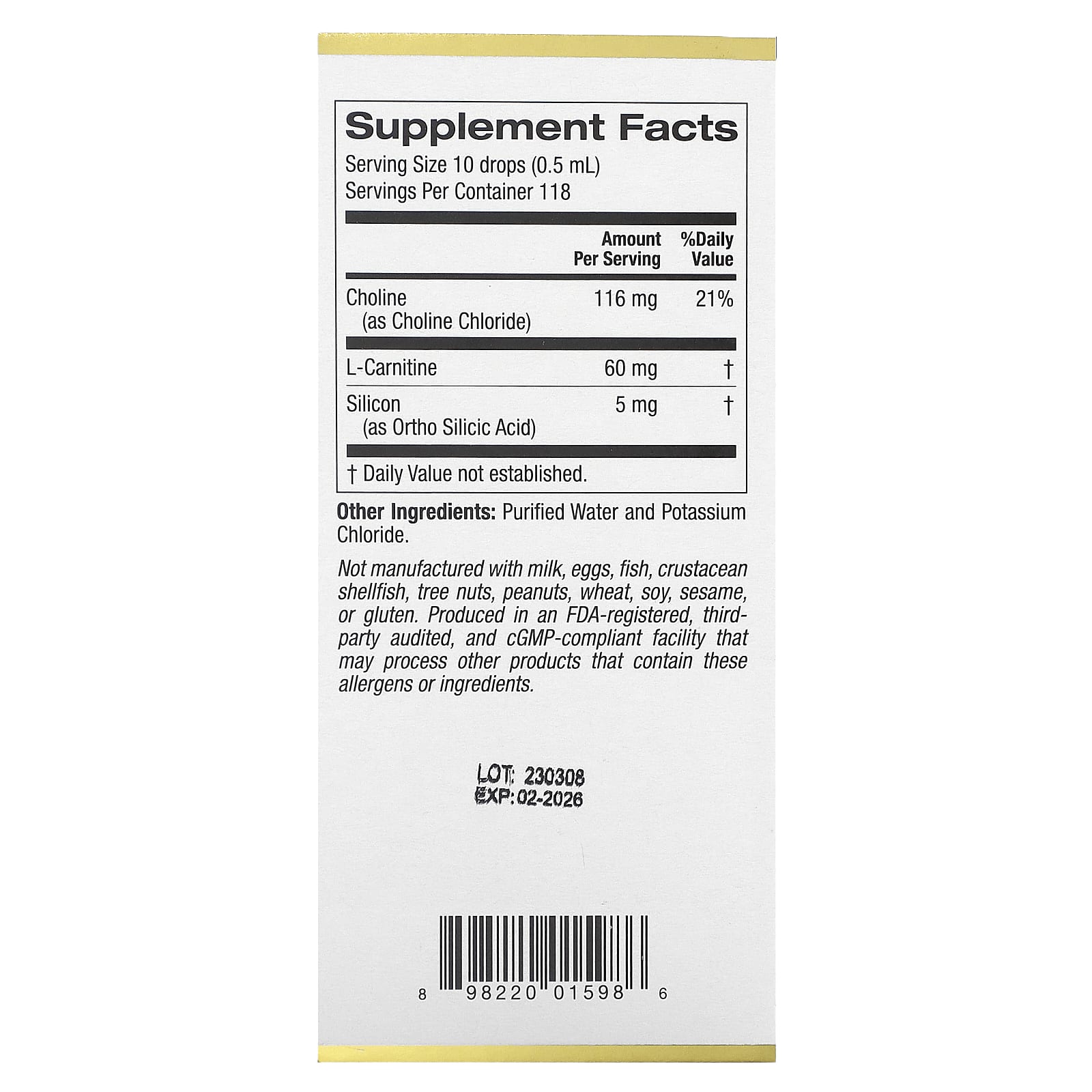 California Gold Nutrition, Choline Silica Complex, Bioavailable & Stabilized Silicon with Choline & L-Carnitine, 2 fl oz (59 ml)