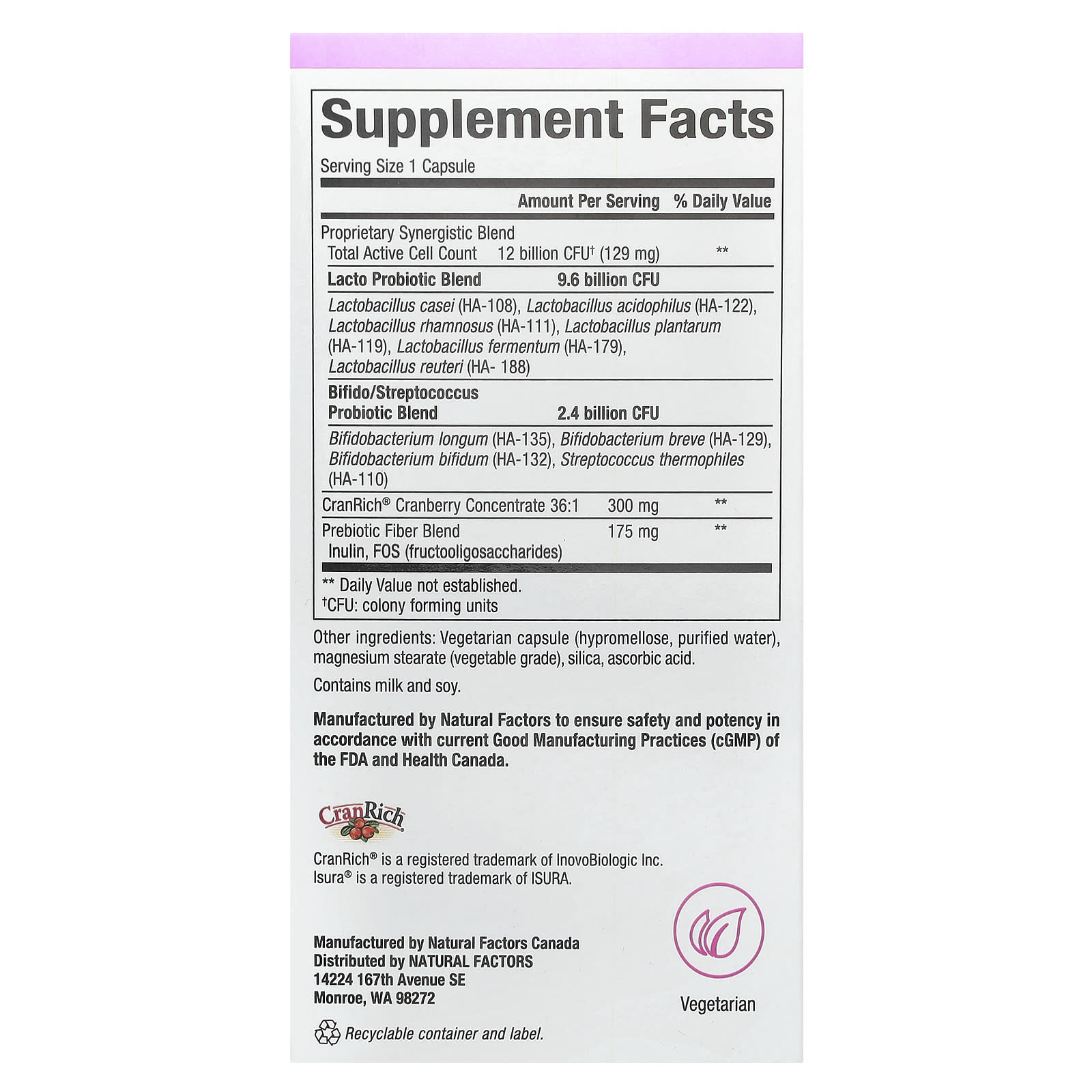 Natural Factors, Ultimate Probiotic Women's Every Day, 12 Billion, 60 Vegetarian Capsules