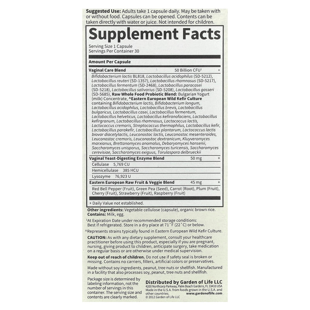 Garden of Life, RAW Probiotics, Vaginal Care, 30 Vegetarian Capsules