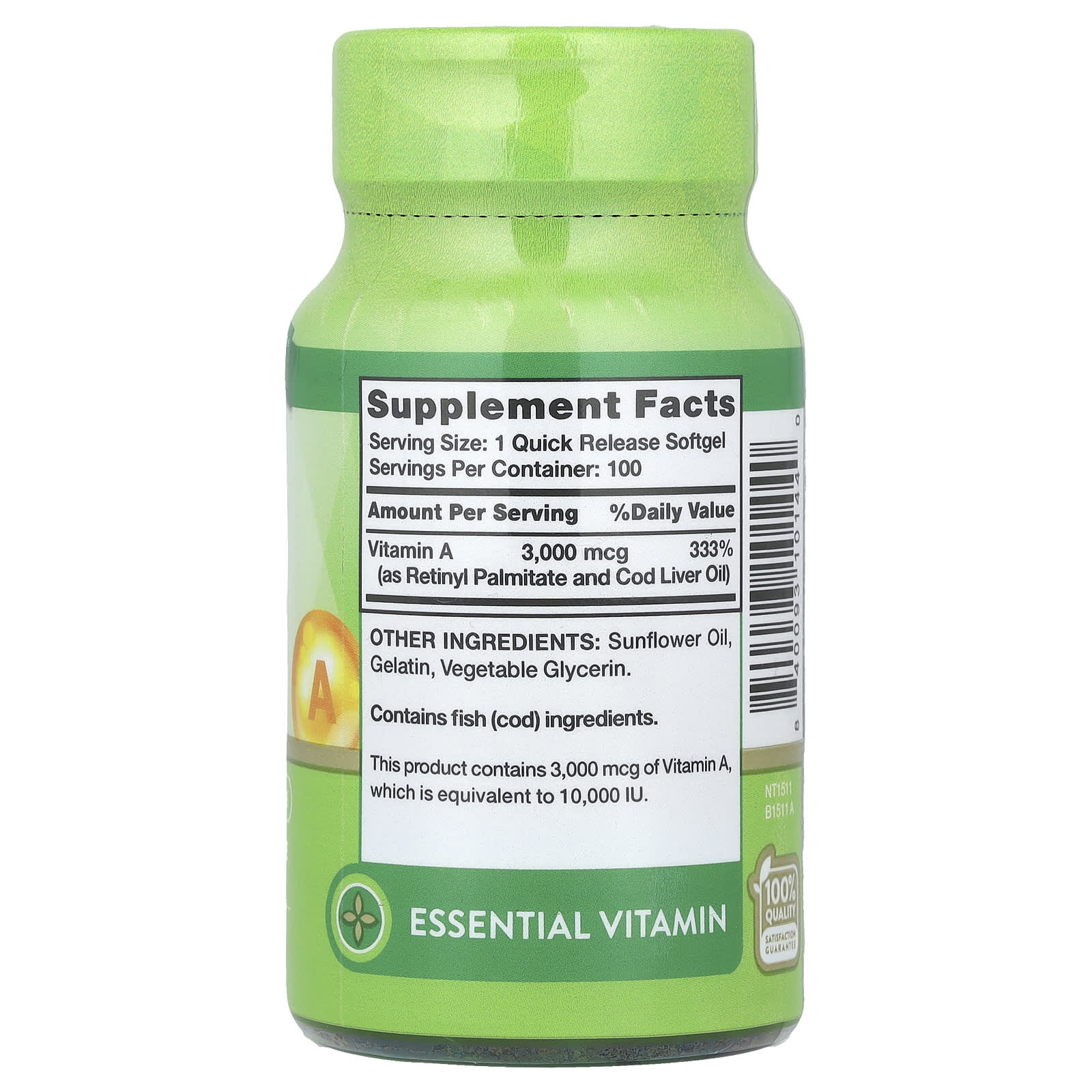 Nature's Truth, Vitamin A, High Potency, 3,000 mcg (10,000 IU), 100 Quick Release Softgels