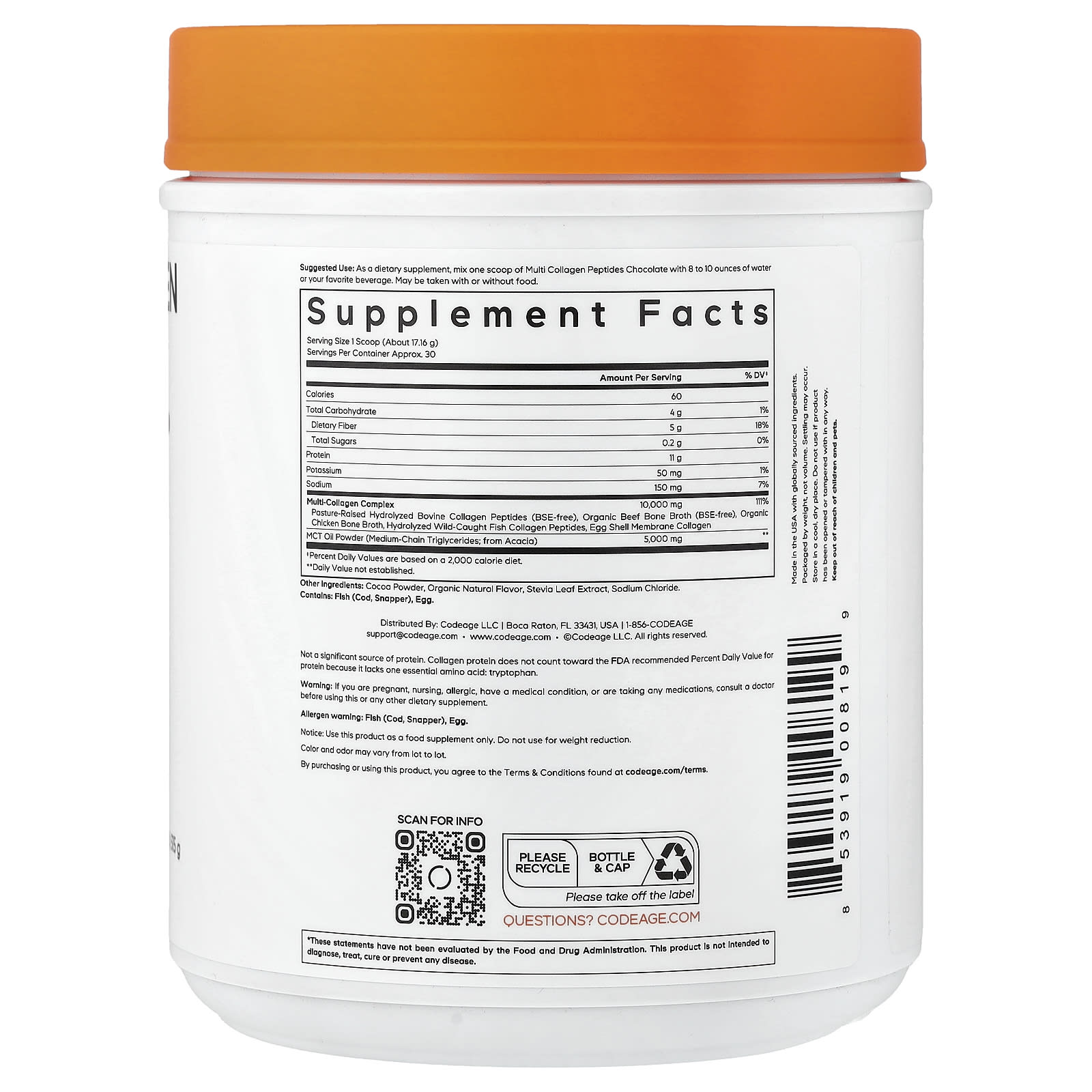 Codeage, Multi Collagen Peptides Powder, Chocolate, 18.17 oz (515 g)