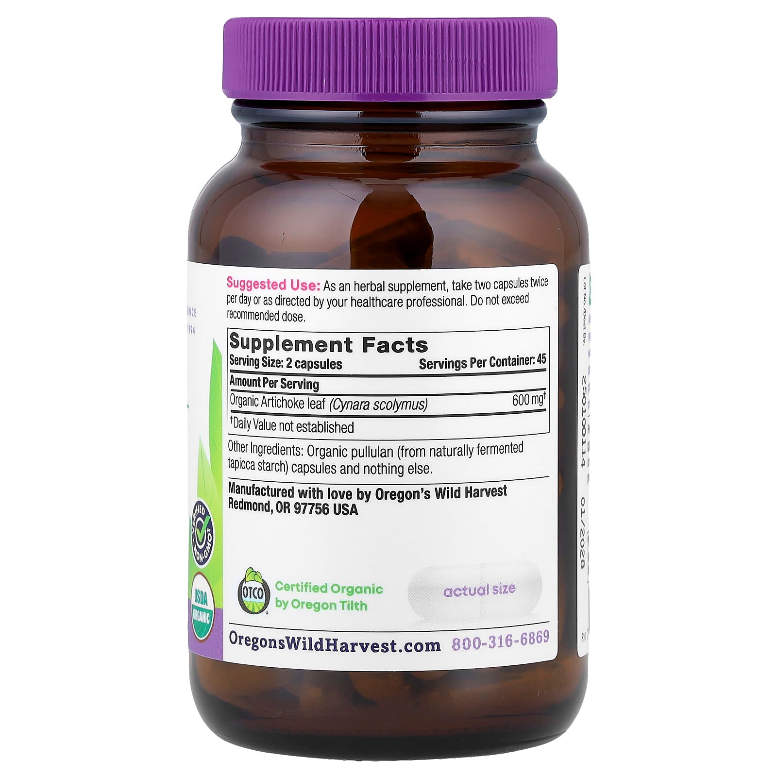 Oregon's Wild Harvest, Organic Artichoke, 90 Organic Vegan Capsules (300 mg per Capsule)