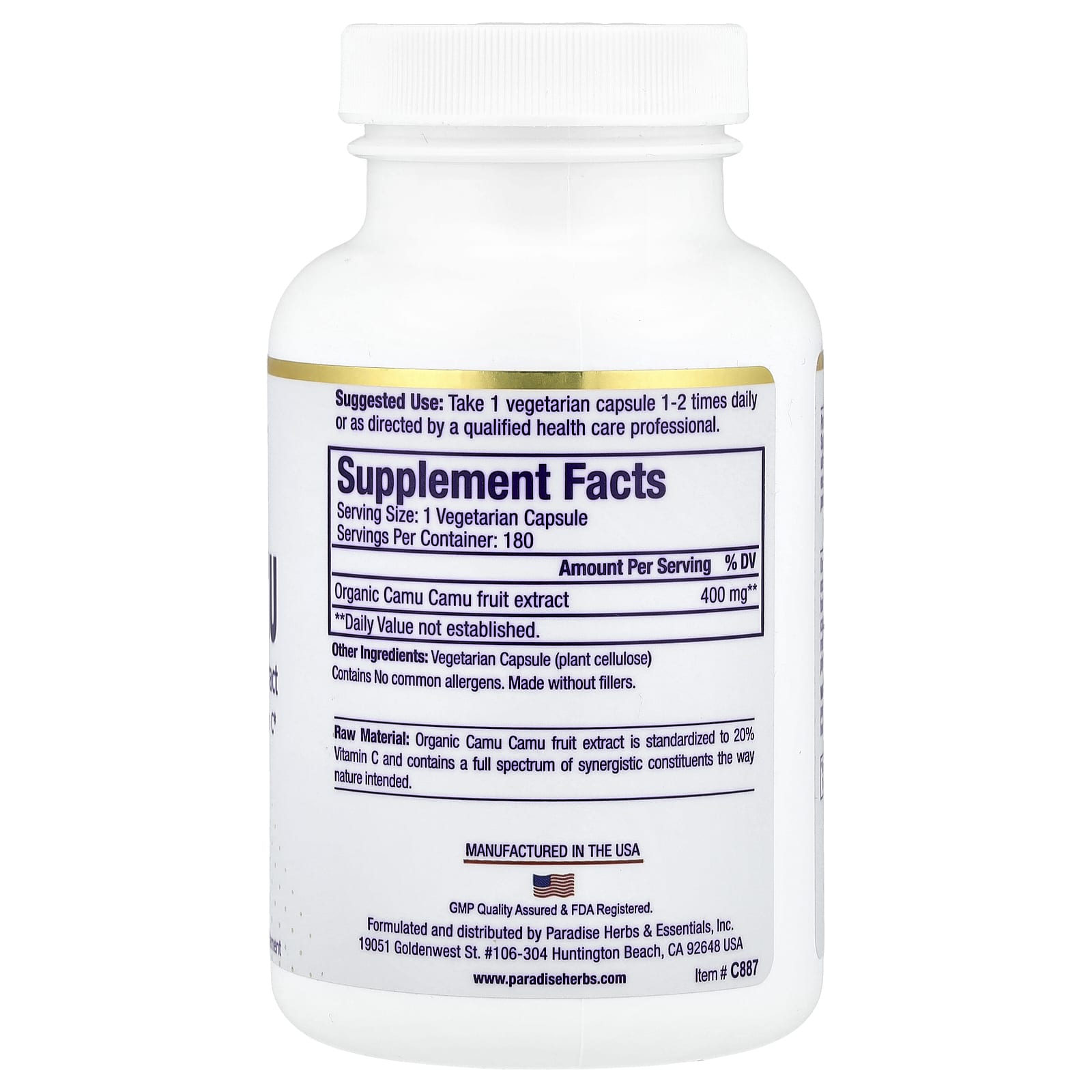 Paradise Herbs, Camu Camu Premium Extract, 400 mg, 180 Vegetarian Capsules