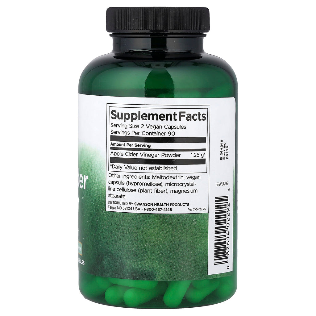 Swanson, Apple Cider Vinegar, Higher Strength, 180 Vegan Capsules (625 mg Per capsule)