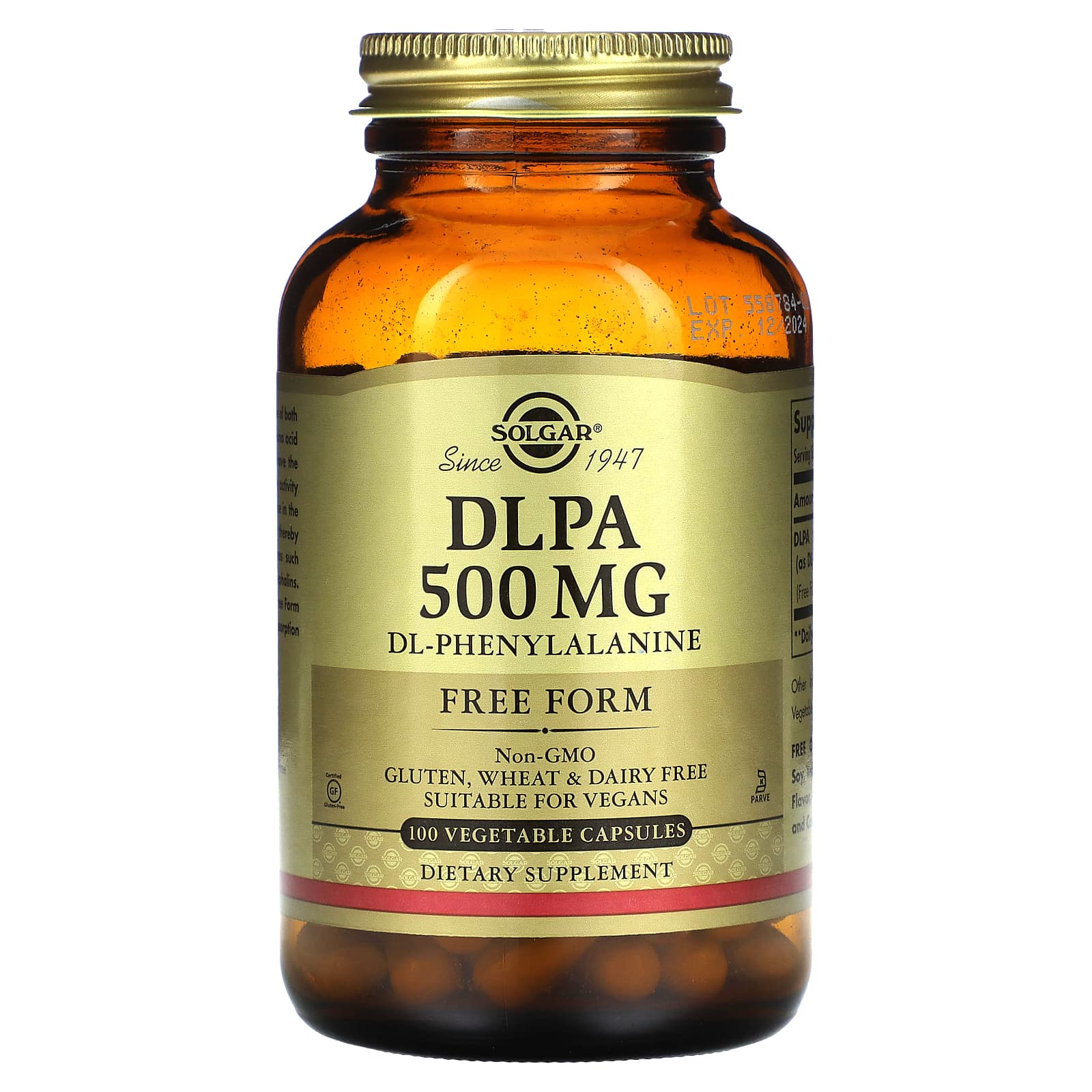 Solgar, DLPA, DL-Phenylalanine, Free Form, 500 mg, 100 Vegetable Capsules