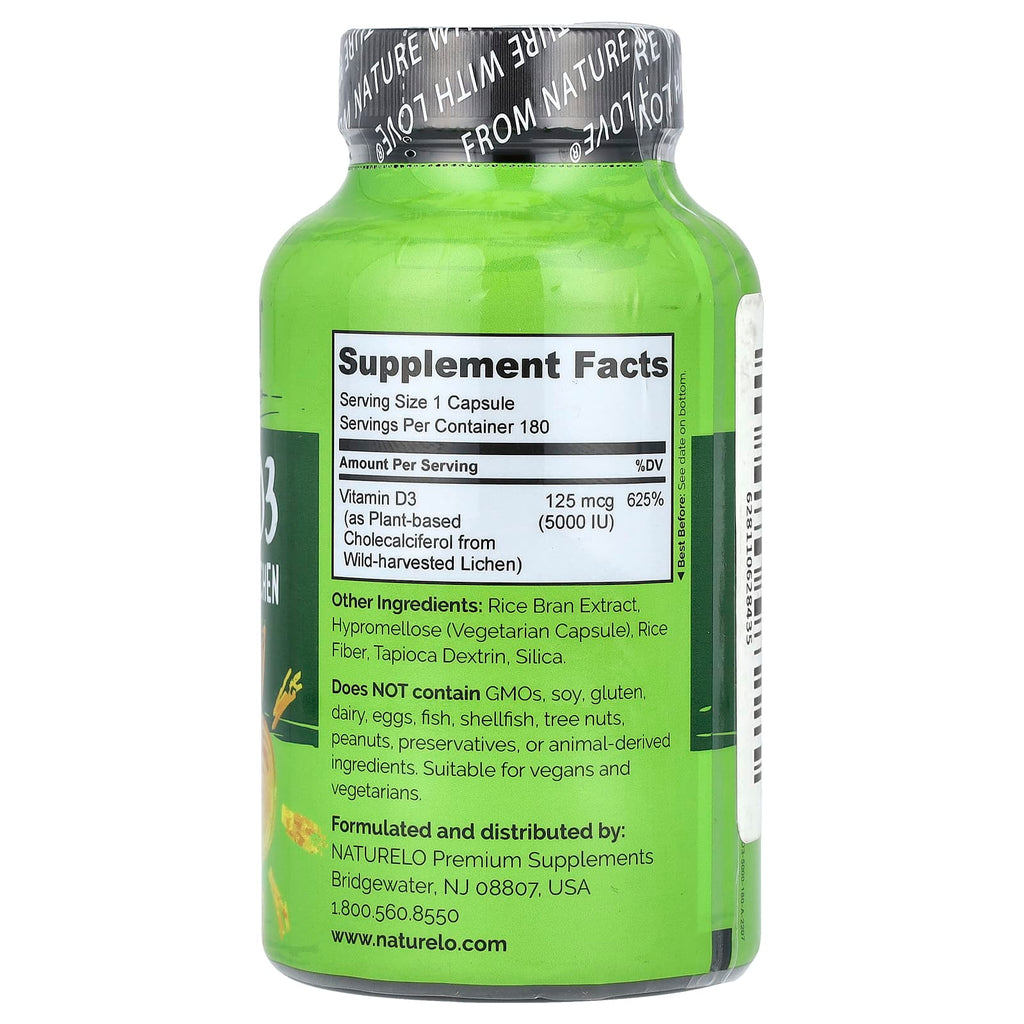 NATURELO, Vitamin D3, 125 mcg (5,000 IU), 180 Easy Swallow Capsules