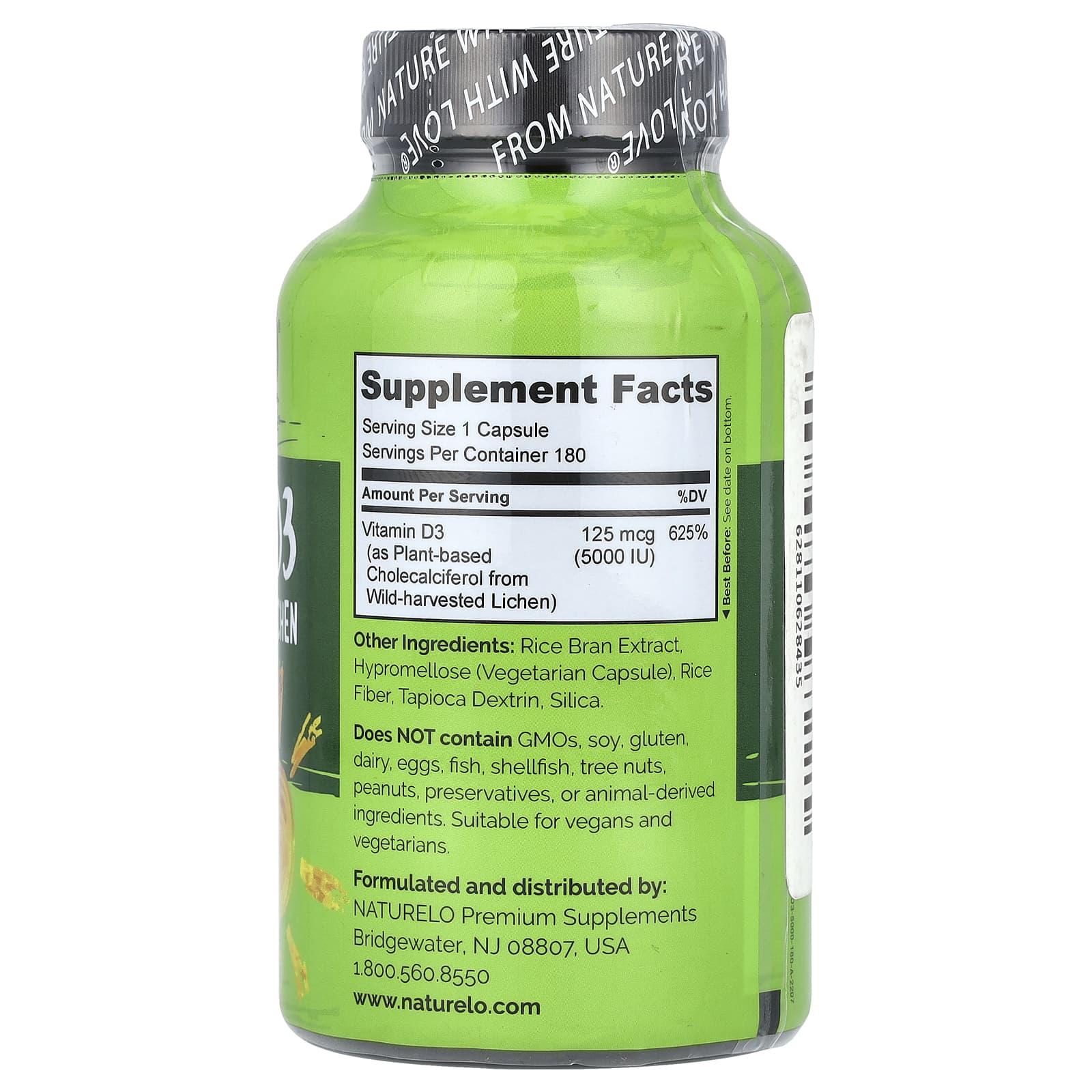 NATURELO, Vitamin D3, 125 mcg (5,000 IU), 180 Easy Swallow Capsules