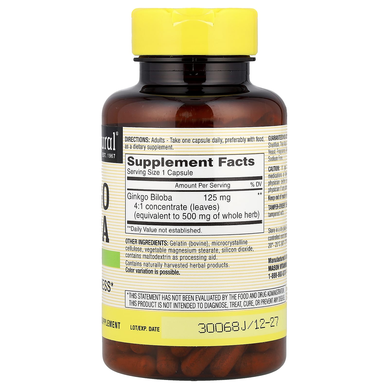 Mason Natural, Whole Herb Ginkgo Biloba, 180 Capsules (125 mg per Capsule)
