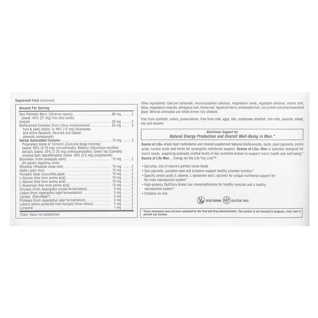 NaturesPlus, Source of Life Men, Multivitamin & Mineral Supplement with Concentrated Whole Foods, Iron-Free, 120 Tablets