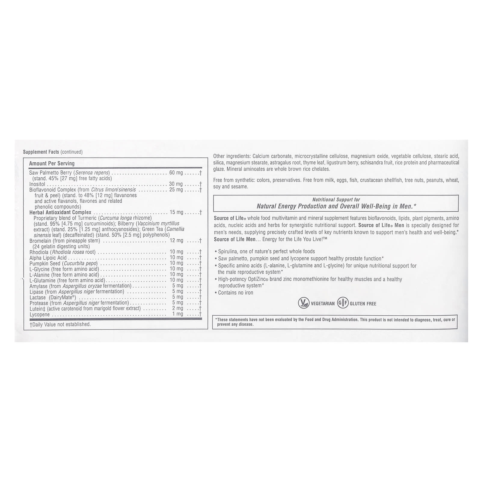NaturesPlus, Source of Life Men, Multivitamin & Mineral Supplement with Concentrated Whole Foods, Iron-Free, 120 Tablets