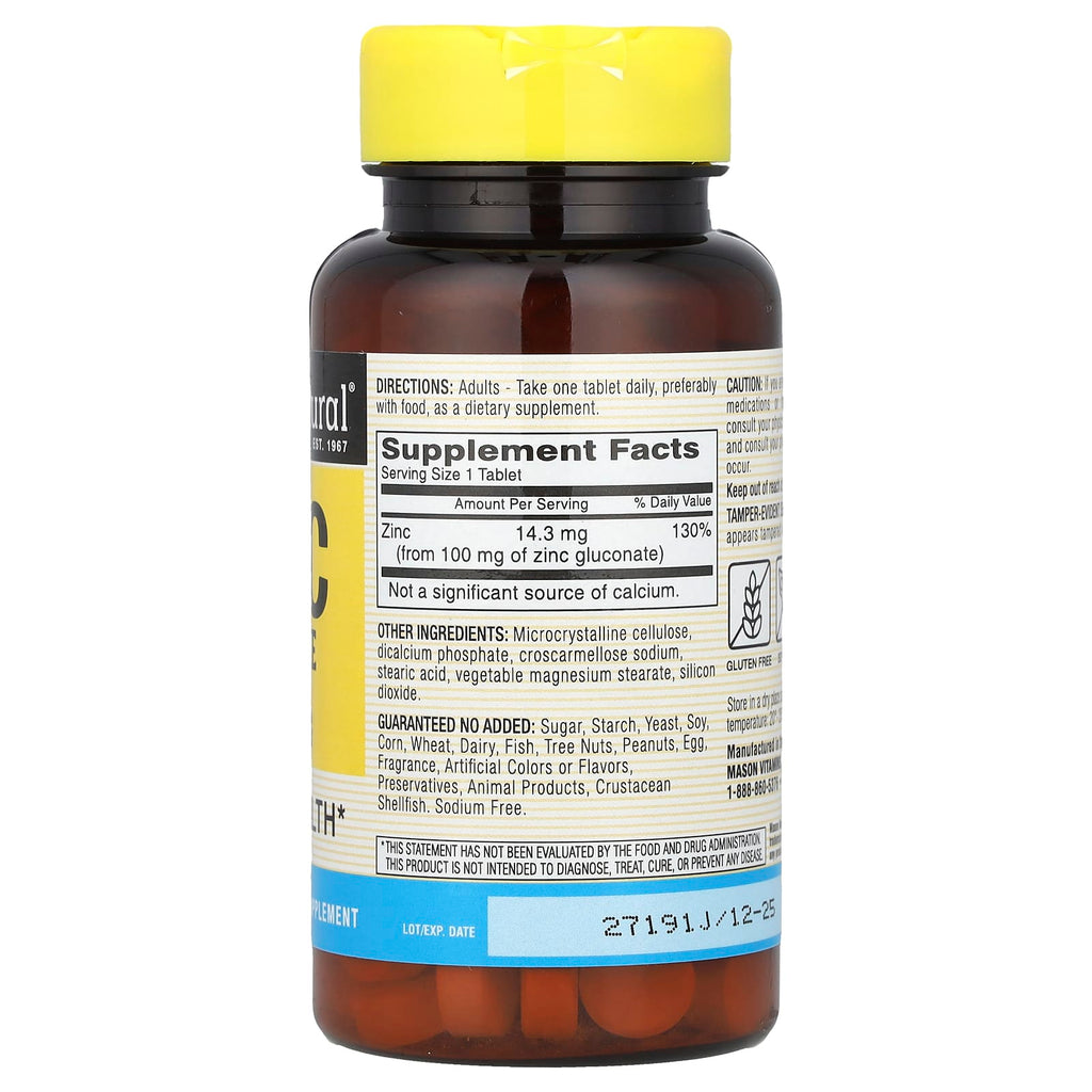Mason Natural, Chelated Zinc Gluconate , 100 mg, 100 Tablets